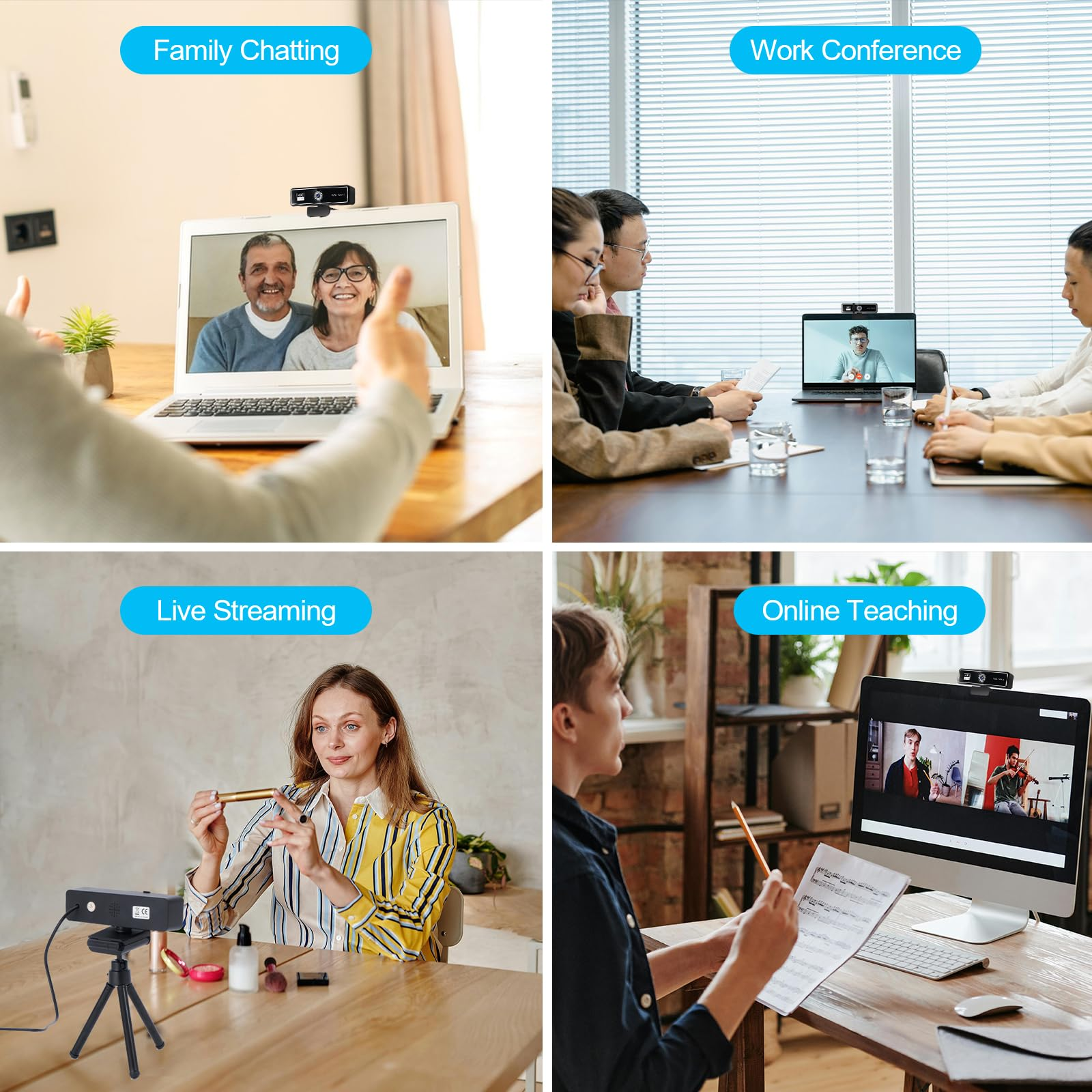 Vier Szenen: Familienchat, Arbeitskonferenz, Live-Streaming und Online-Unterricht, alle mit Webcams auf Laptops oder Stativen.