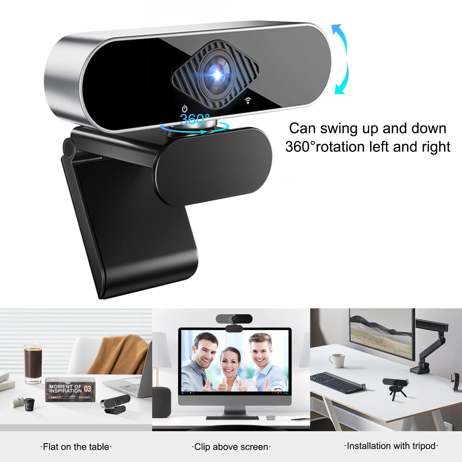 Eine Webcam mit silbernem und schwarzem Design. Sie kann sich um 360 Grad drehen und auf und ab schwenken. Zeigt verschiedene Einrichtungsoptionen.