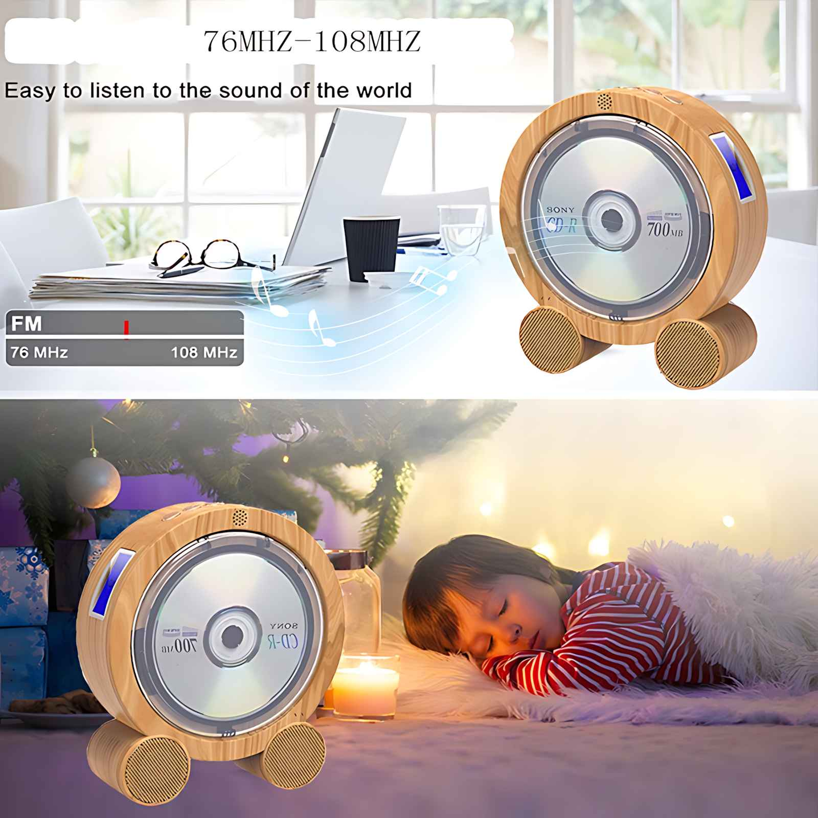 Ein CD-Player, ein schlafendes Kind und ein Weihnachtsbaum befinden sich im Bild. Der Player ist aus Holz.
