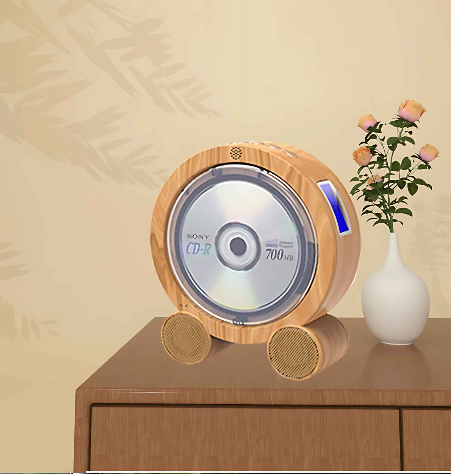 Ein hölzerner CD-Player mit einer CD im Inneren steht auf einem braunen Tisch. Eine Vase mit Blumen steht rechts. Beige Wand.