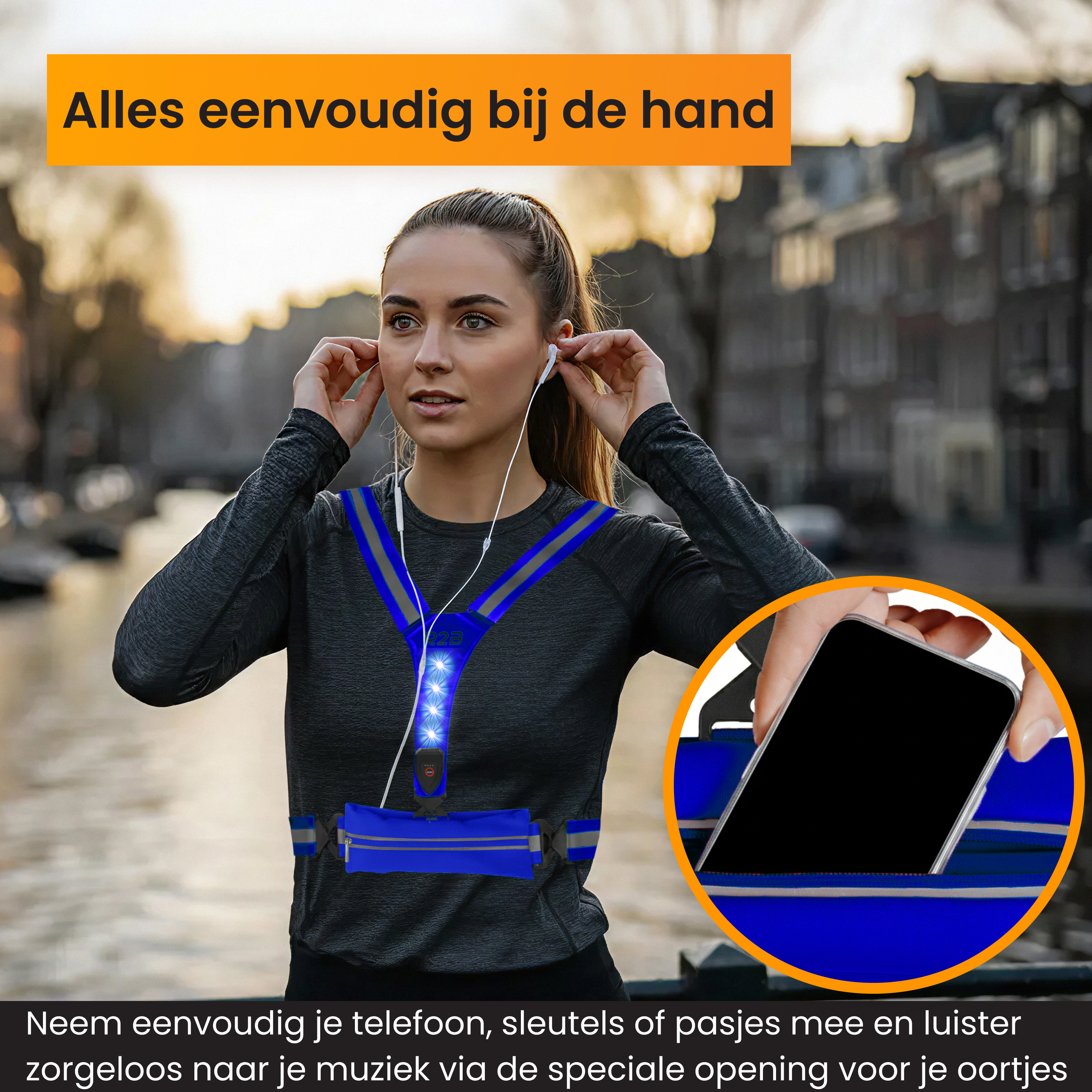 Woman wearing a running vest with headphones, holding her phone. Text: 'Everything at hand'. Background: canal.