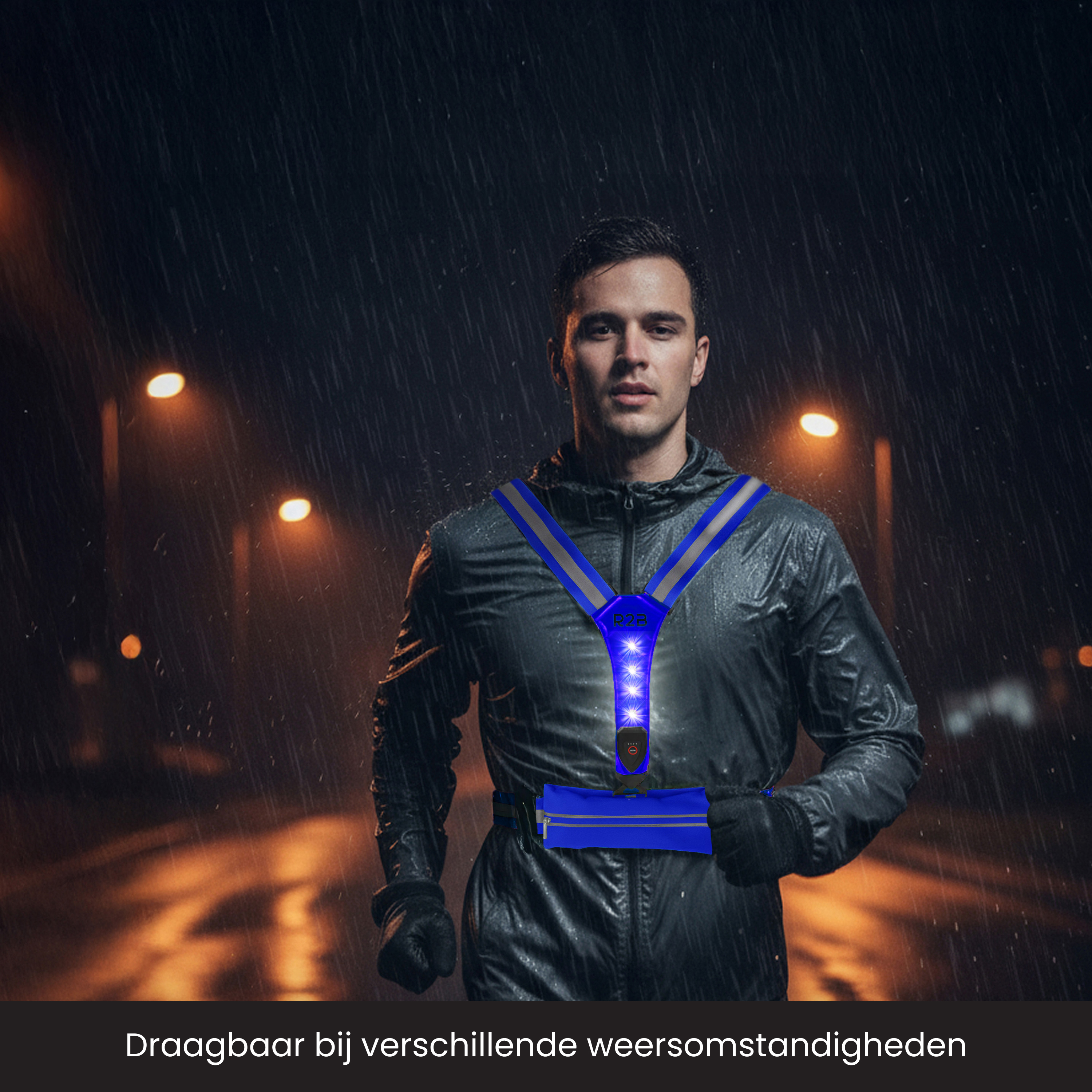 Man wearing a blue light-up vest running in the rain. Night scene with streetlights visible in the background.