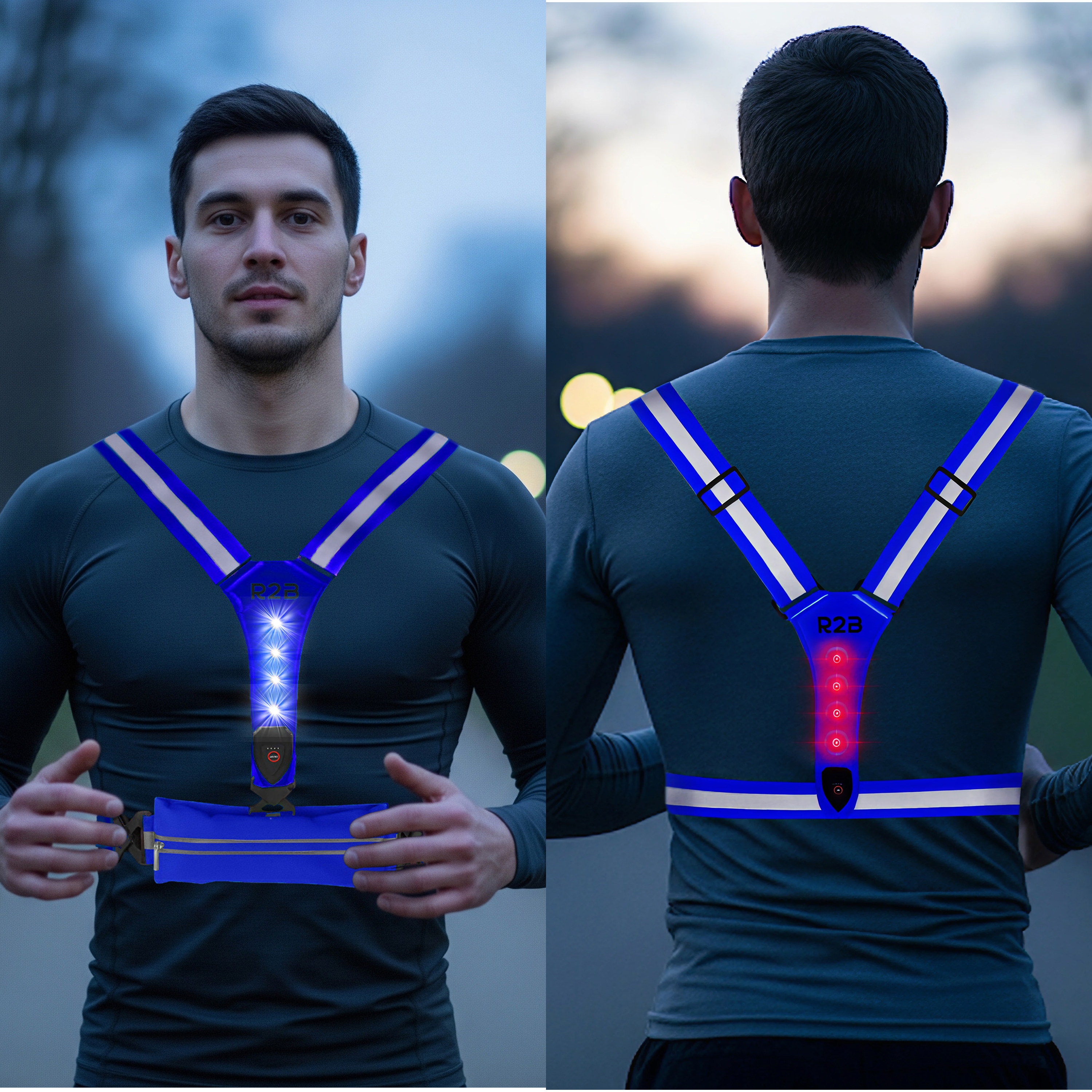 A man wearing a blue and white reflective vest. Front view and back view. The vest has lights.