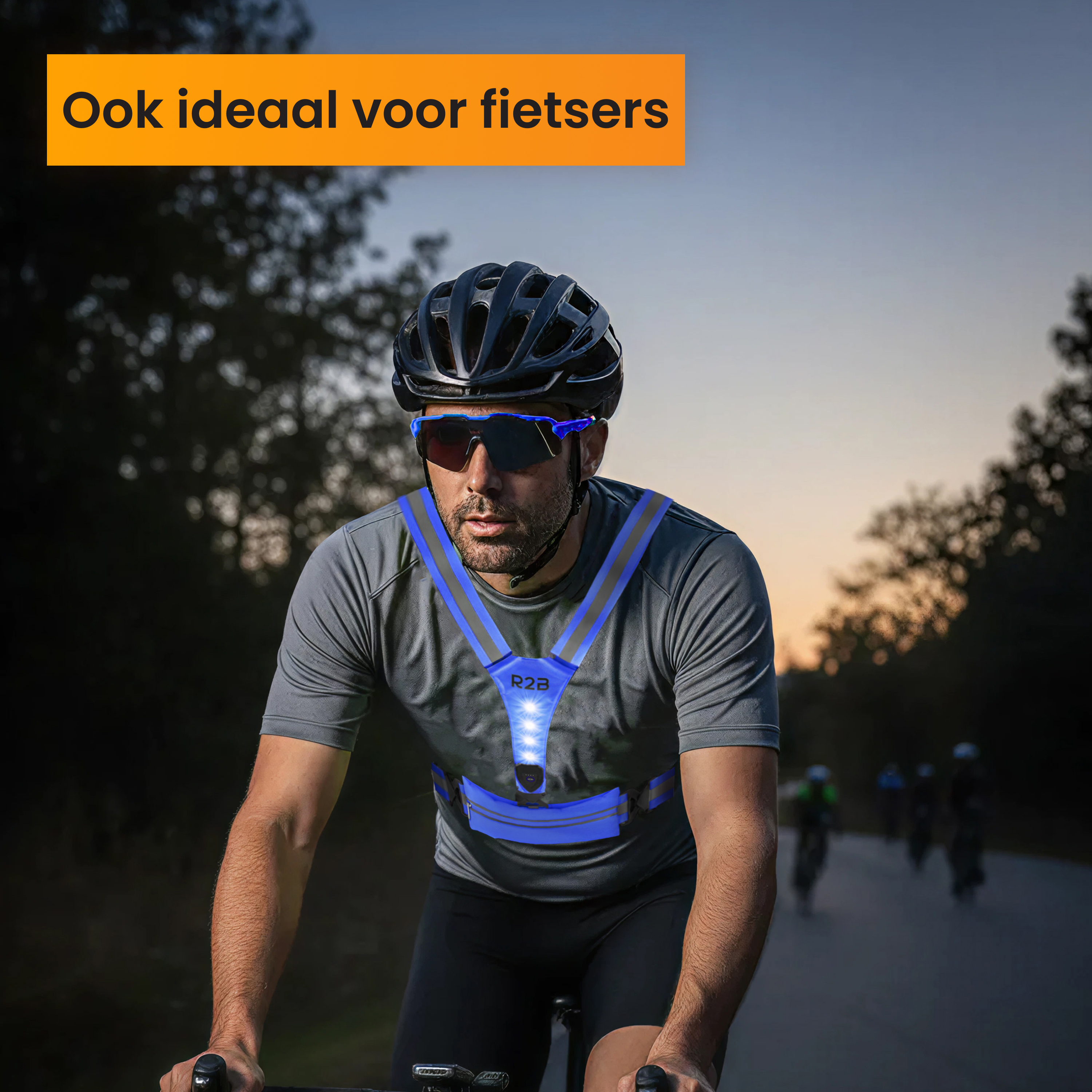 Cyclist with blue light vest. Text at top: Ideal for cyclists. Other cyclists in the background on the road.