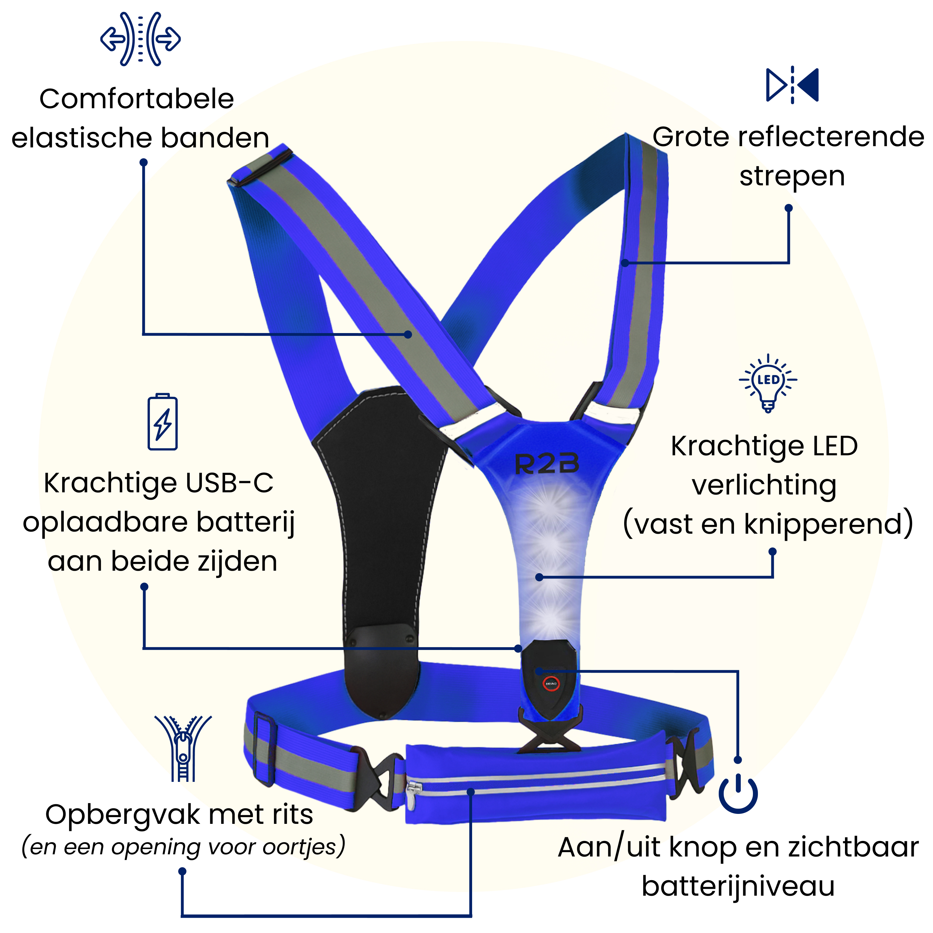 Blue and black reflective vest with LED lights, pockets, and USB charging. Features large reflective stripes.
