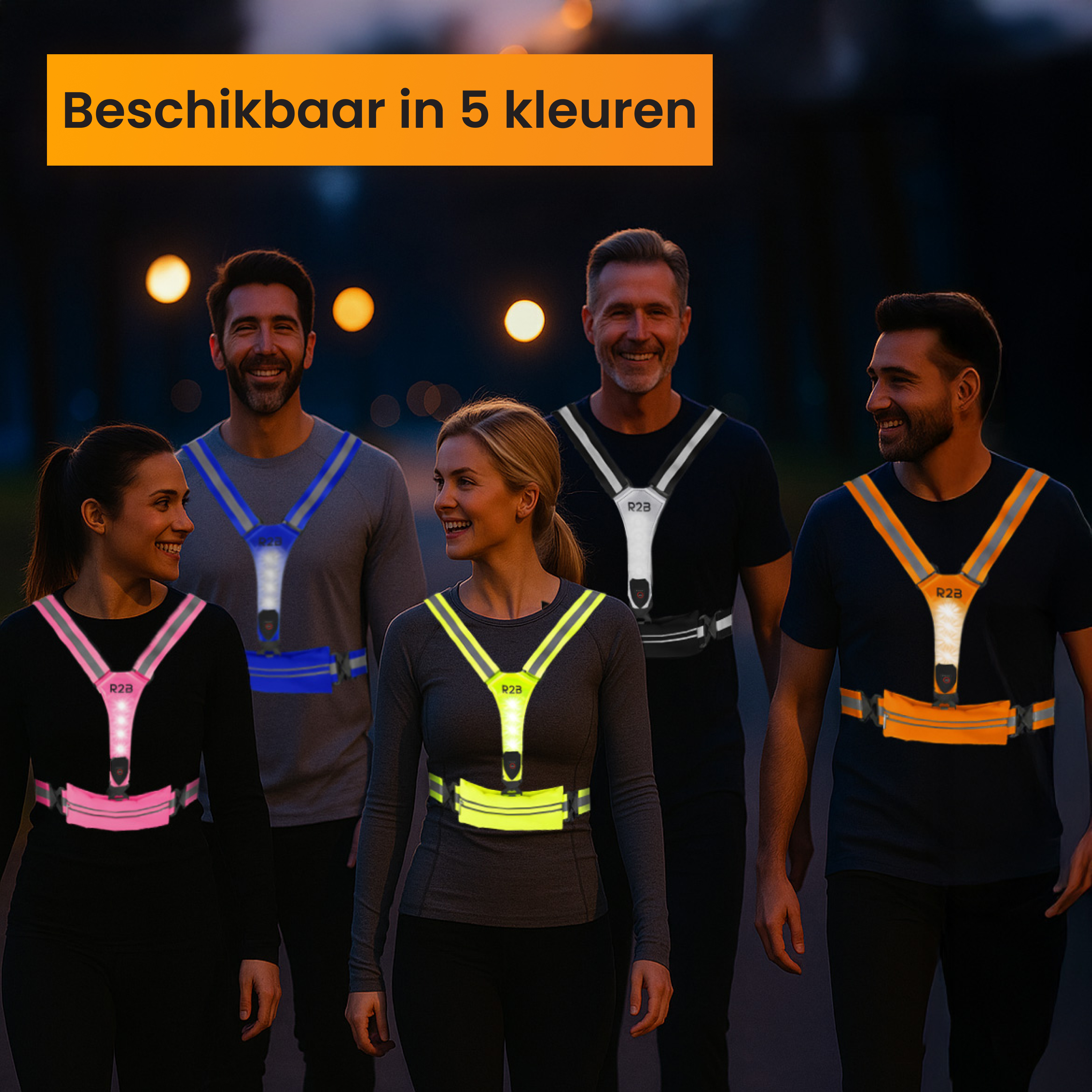 Group of people wearing reflective vests in different colors, smiling. Text above: Available in 5 colors.