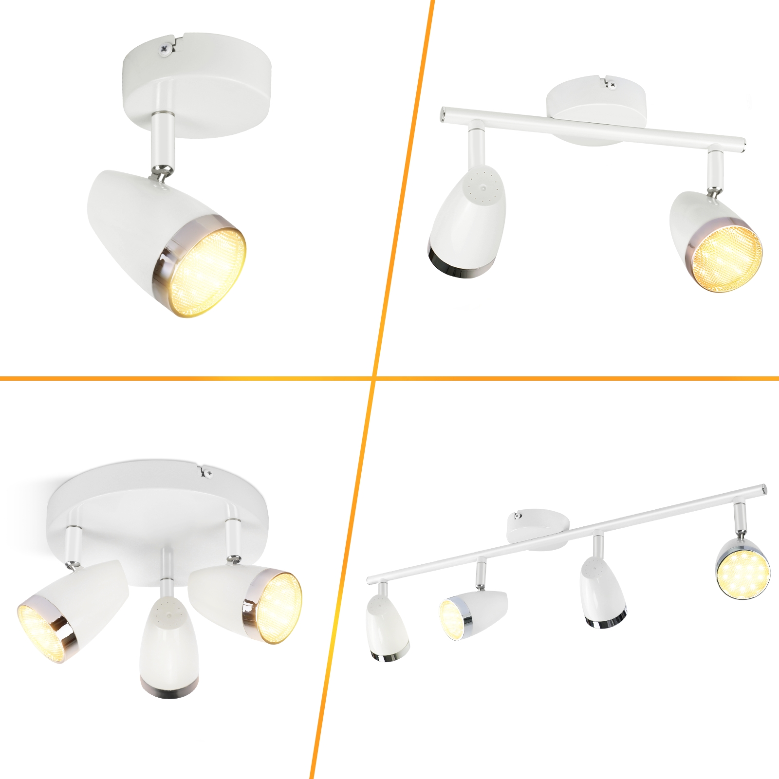Faretti bianchi in varie configurazioni. Ognuno ha un anello d'argento attorno alla luce. Viene emessa una luce gialla brillante.