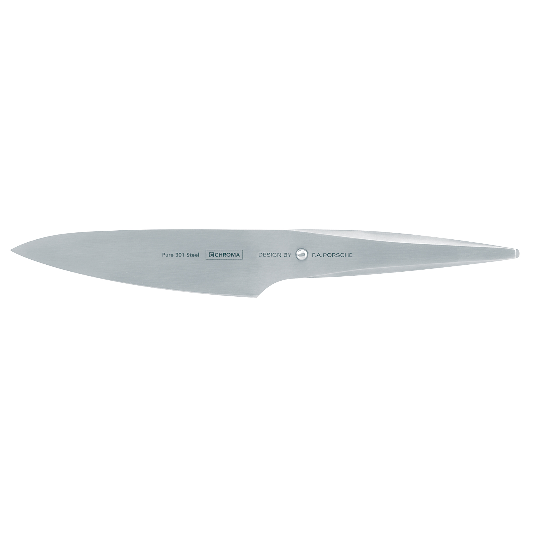 Ein Edelstahlmesser auf weißem Hintergrund. Es hat eine lange, gebogene Klinge und ist mit 'Pure 301 Steel' und 'F.A. Porsche' beschriftet.