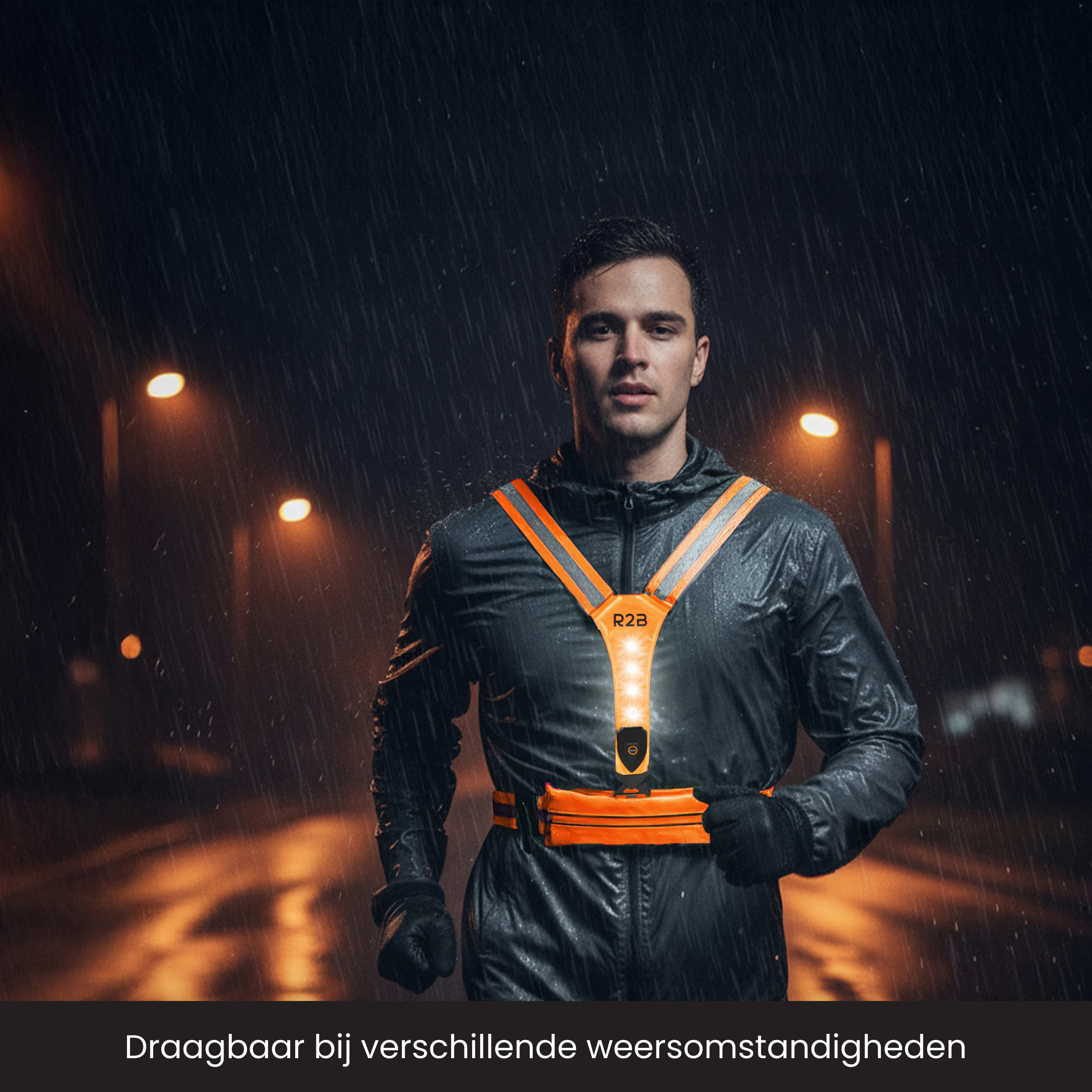 Man jogging in rain wearing orange safety vest. Street lights are blurred. Dark, wet conditions.