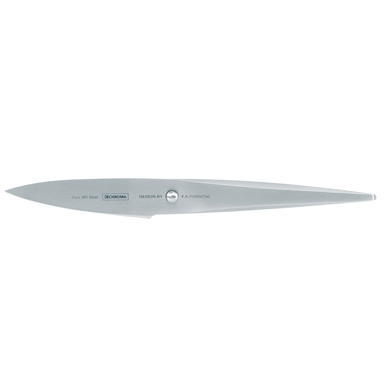 Ein Edelstahlmesser. Es hat eine scharfe, spitze Klinge und Text mit der Aufschrift 'Pure 301 Steel', 'CHROMA' und 'DESIGN BY F.A. PORSCHE'.