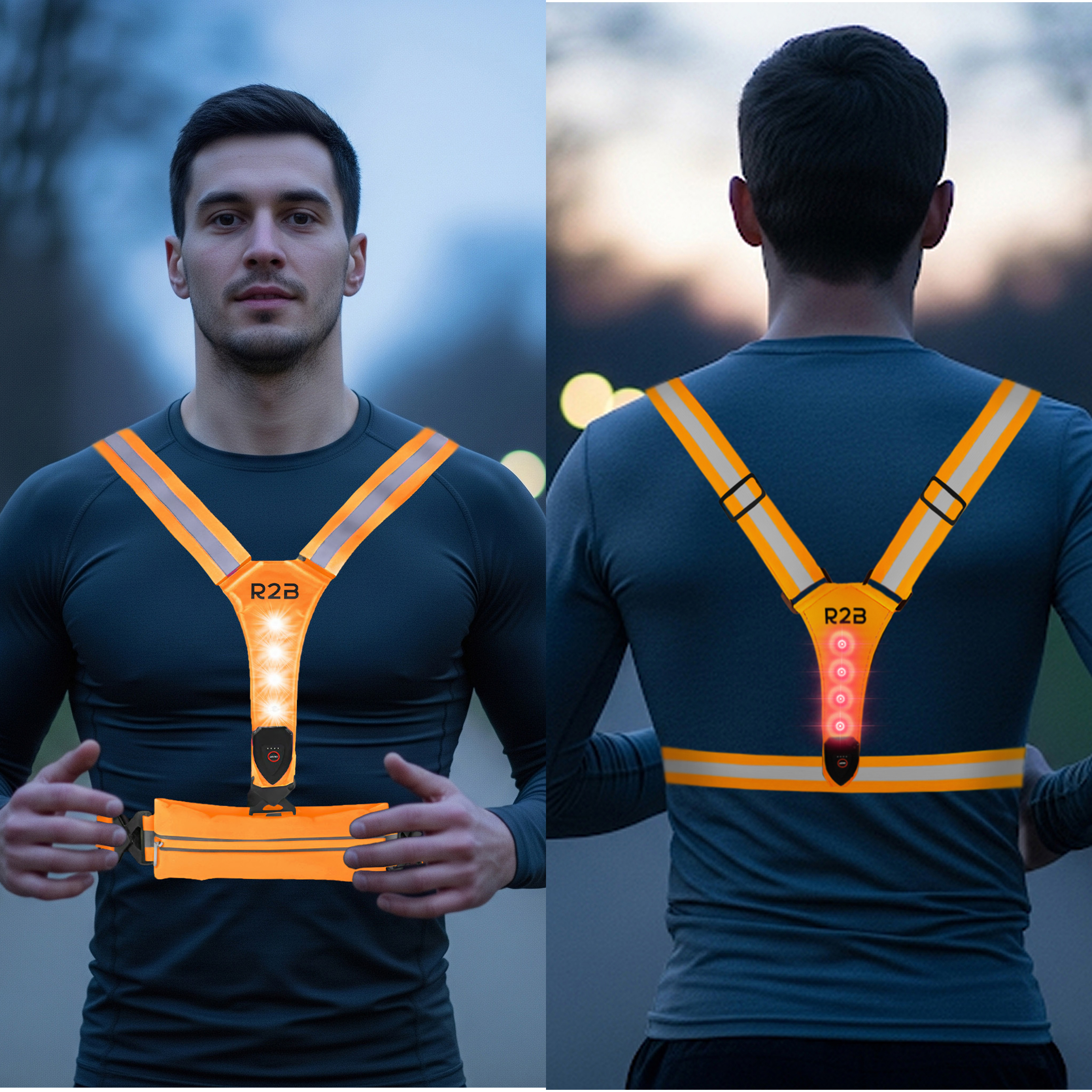 Man wearing reflective vest. Front and back views. Vest has lights and a waist pack.