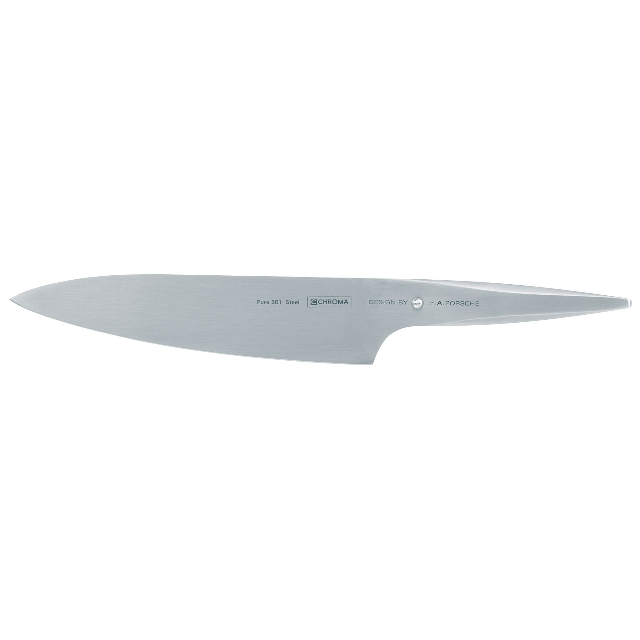 Ein Edelstahl-Kochmesser vor weißem Hintergrund. Das Messer trägt die Aufschrift 'Pure 301 Steel' und 'Design by F.A. Porsche'.