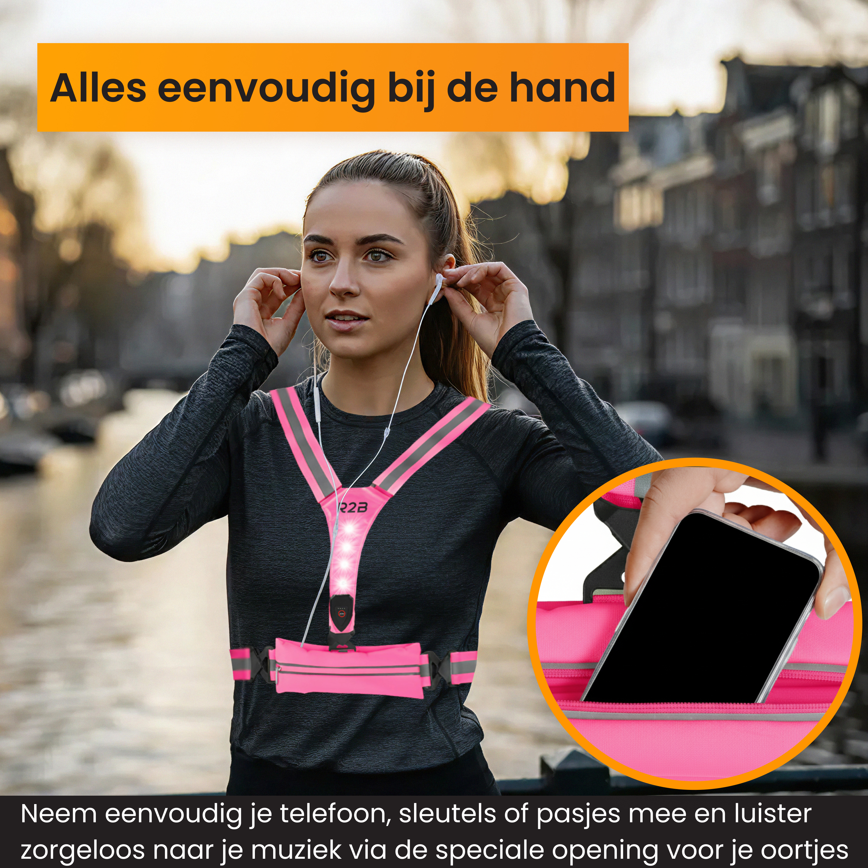 Woman wearing pink running vest with phone. Text: 'Alles eenvoudig bij de hand'. Background: canal and buildings.