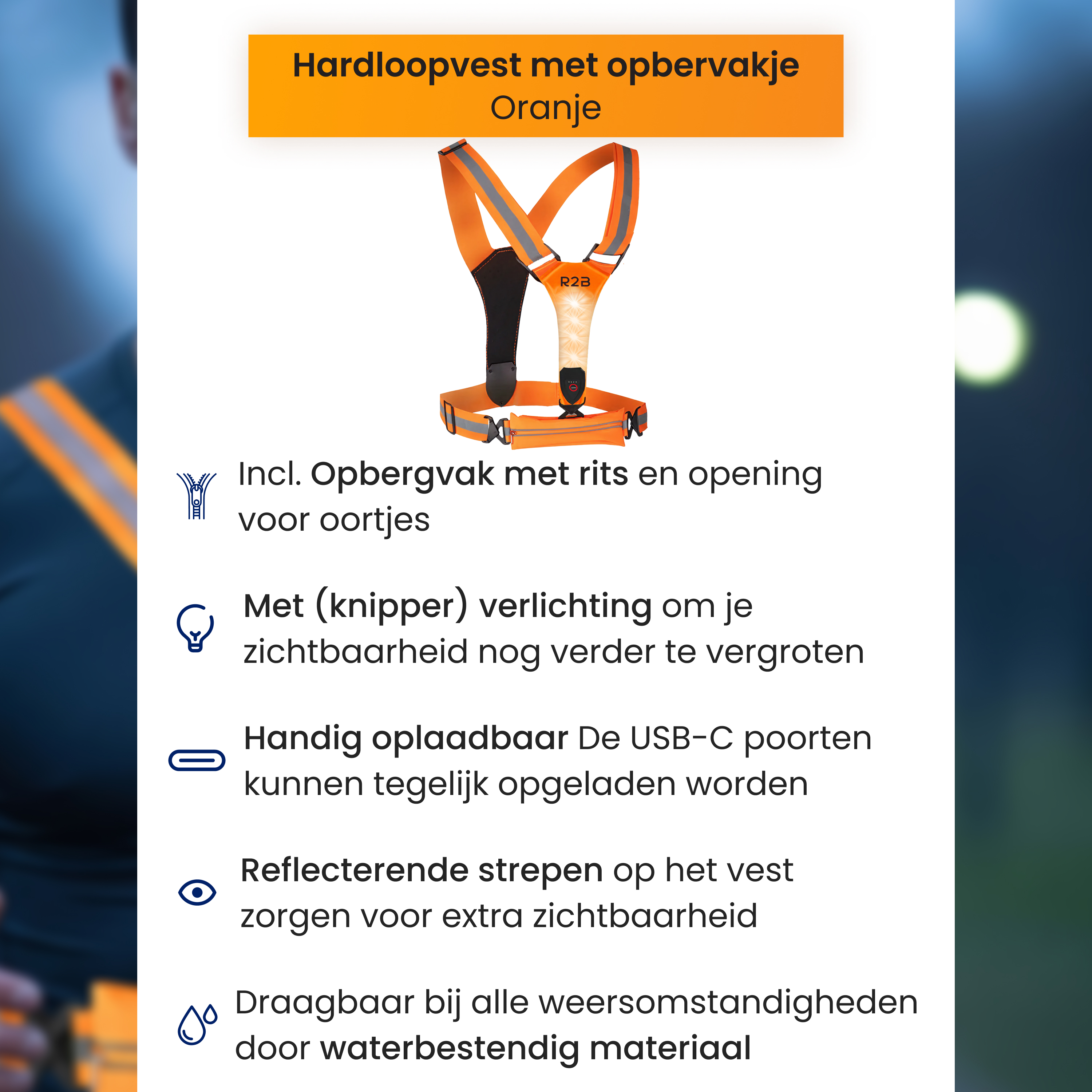 An orange running vest with reflective stripes and a pocket. Text details about features are present.