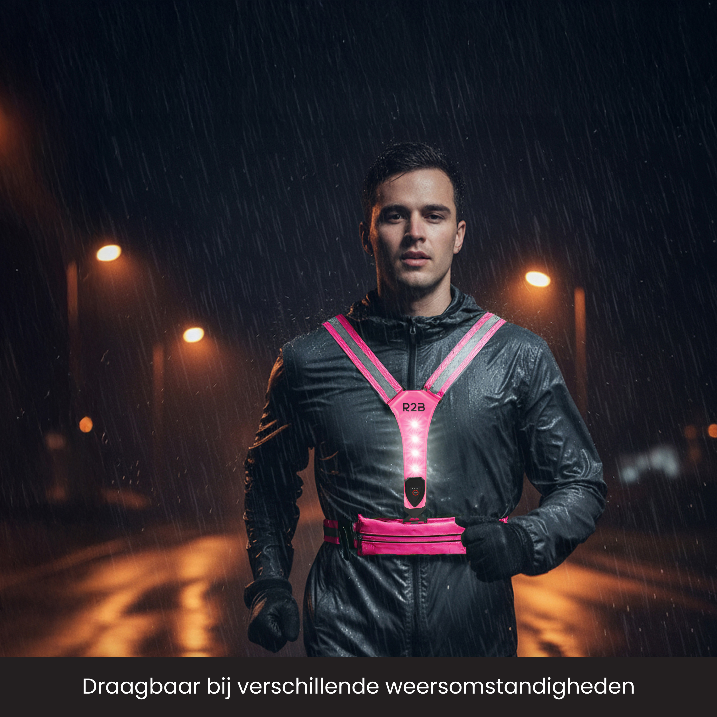 Man running in rain wearing a pink reflective vest. Dark background with streetlights.