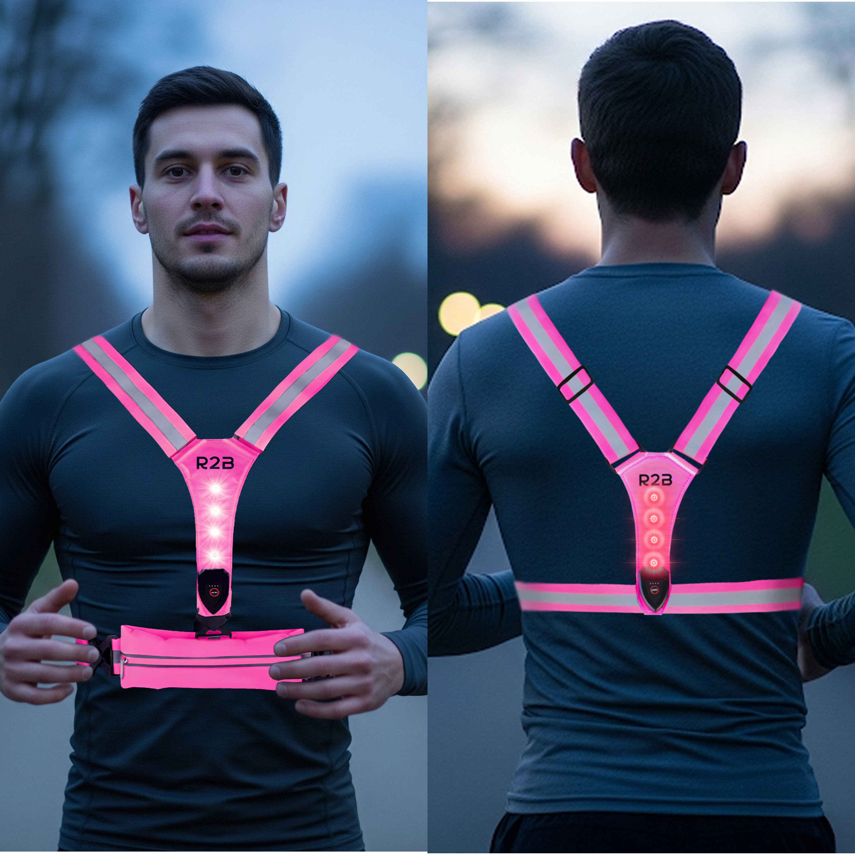 Two men wearing reflective vests. One faces the camera, the other is seen from the back. Both vests have lights.