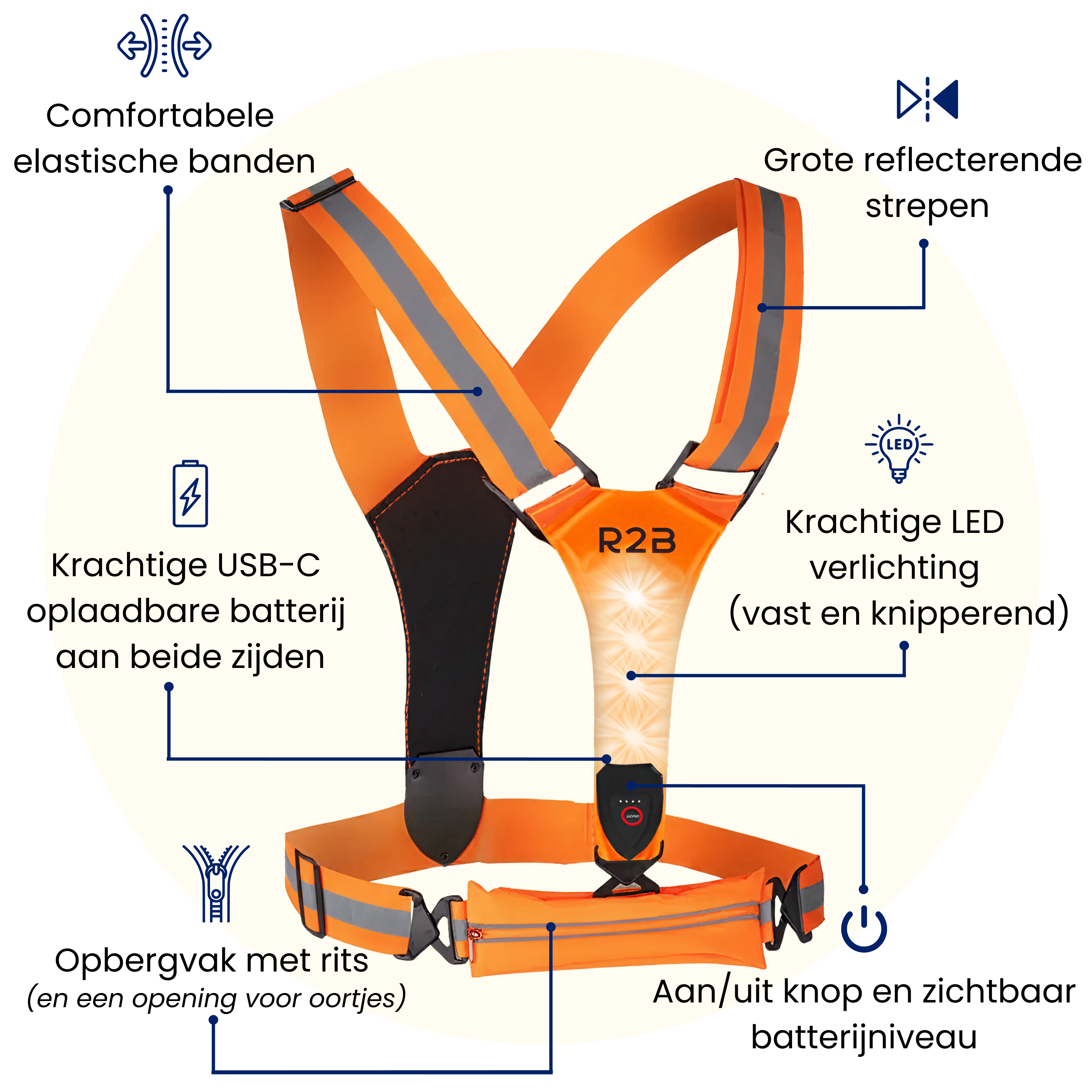 Orange reflective vest with LED lights, USB-C battery, storage pocket, and on/off button.
