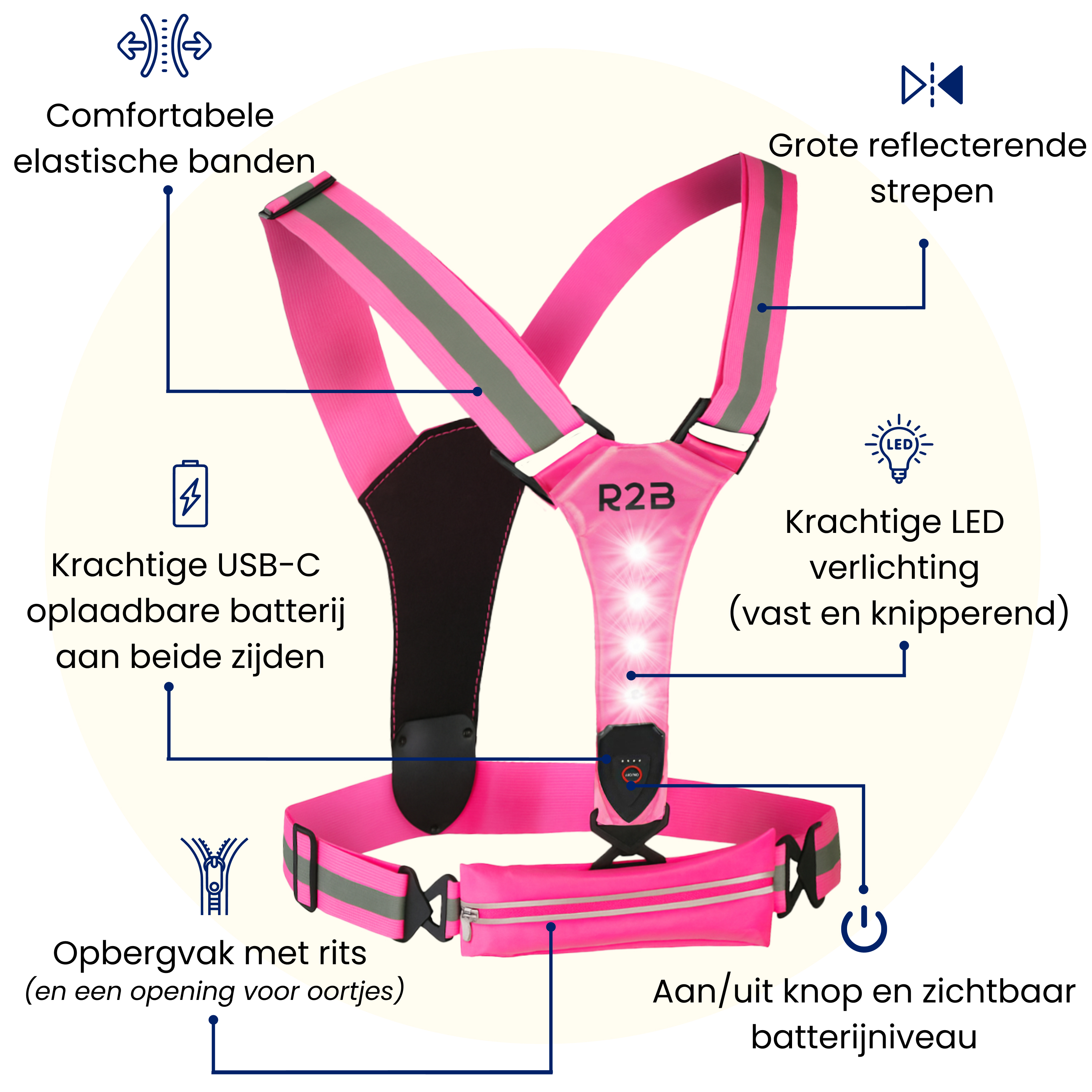 Pink safety vest with reflective stripes and LED lights. Features include a pocket, on/off button and USB charging.