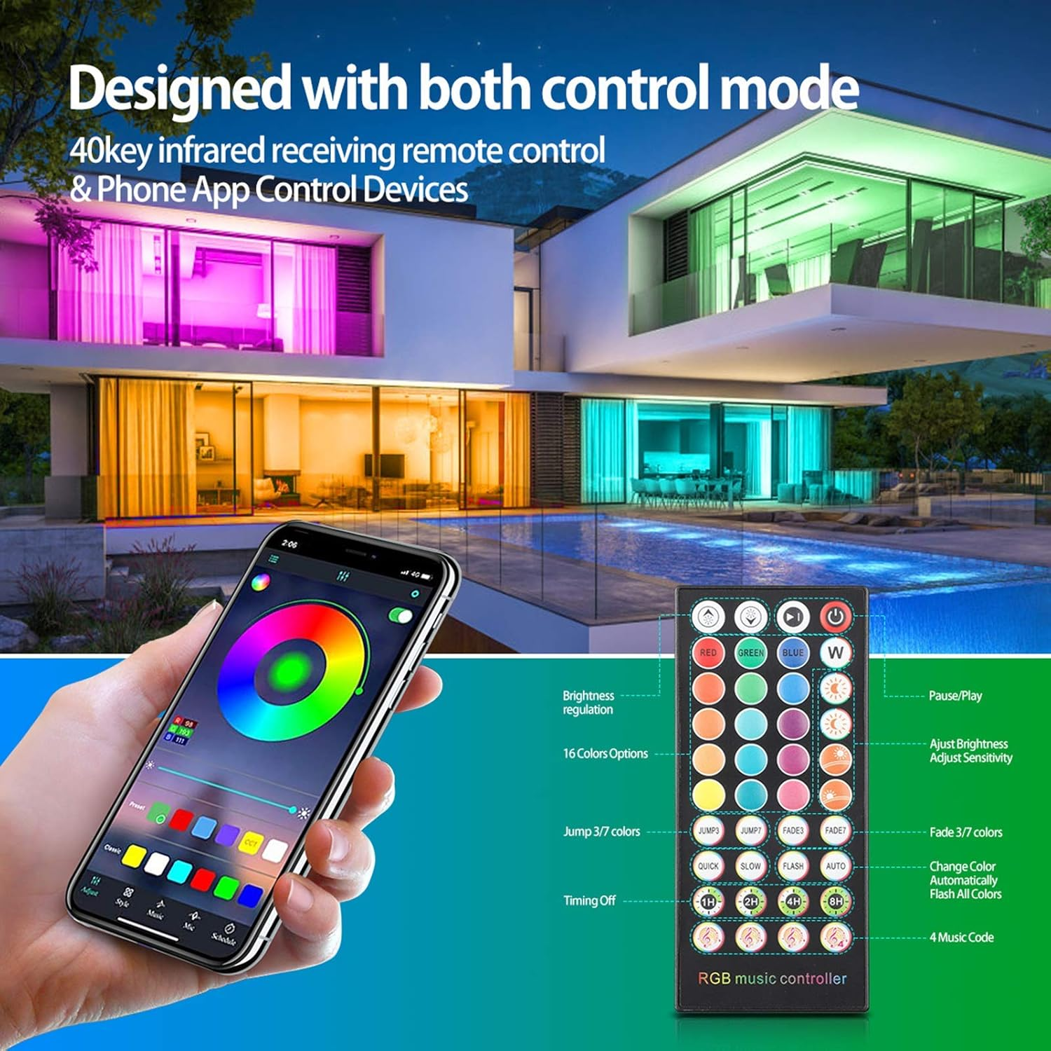 Handy mit Farbkreis-App. Fernbedienung, modernes Haus mit bunten Lichtern und Pool im Hintergrund.