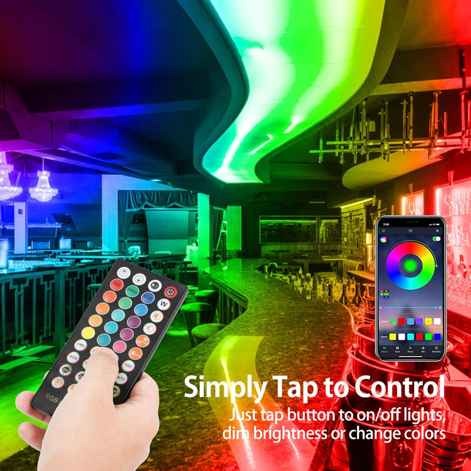 Eine Hand hält eine Fernbedienung mit bunten Knöpfen vor einer Bar mit farbwechselnden Lichtern. Ein Telefon zeigt die Farbsteuerung.