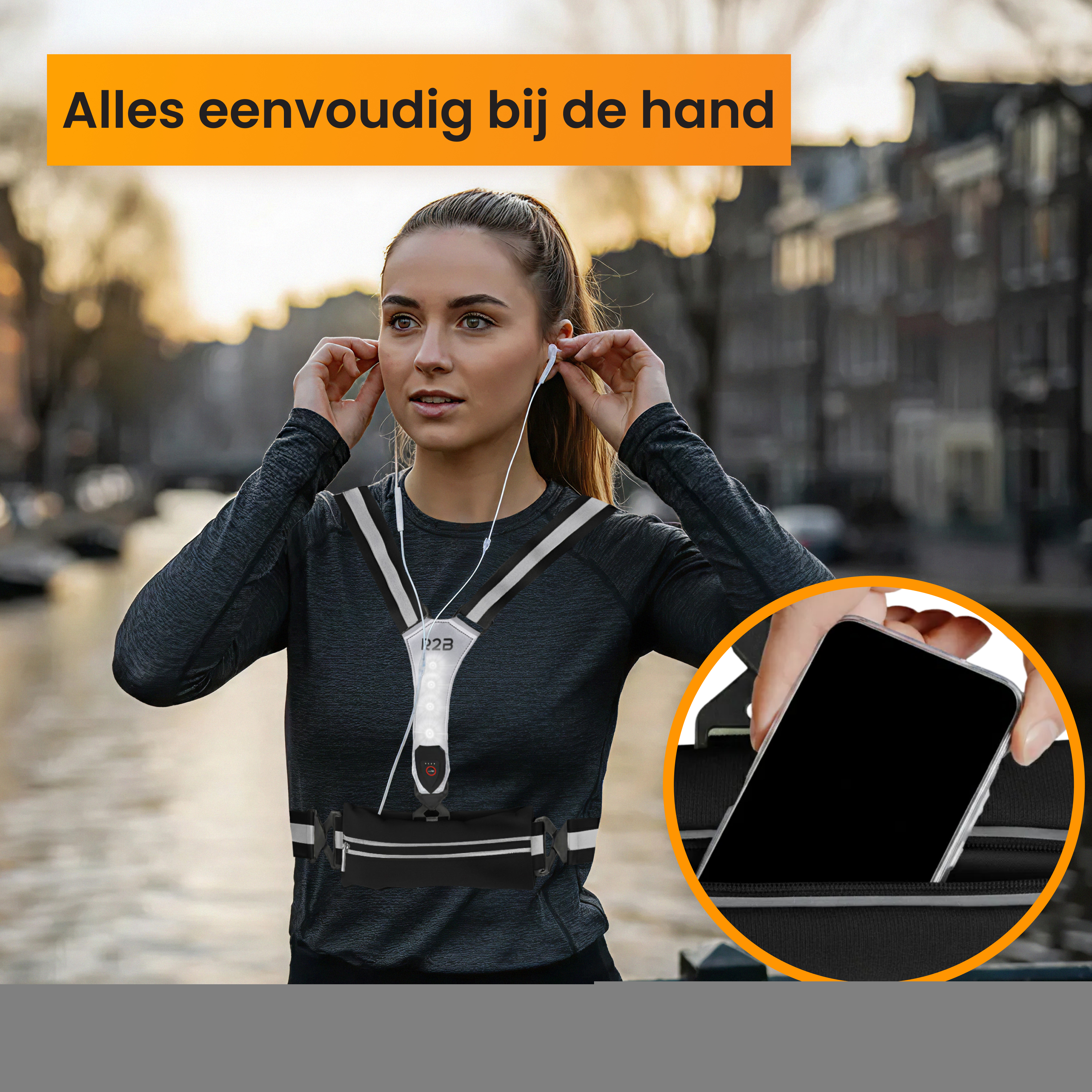 A woman wearing a black vest with a phone in a pocket. She is listening to music with earphones, standing outside.