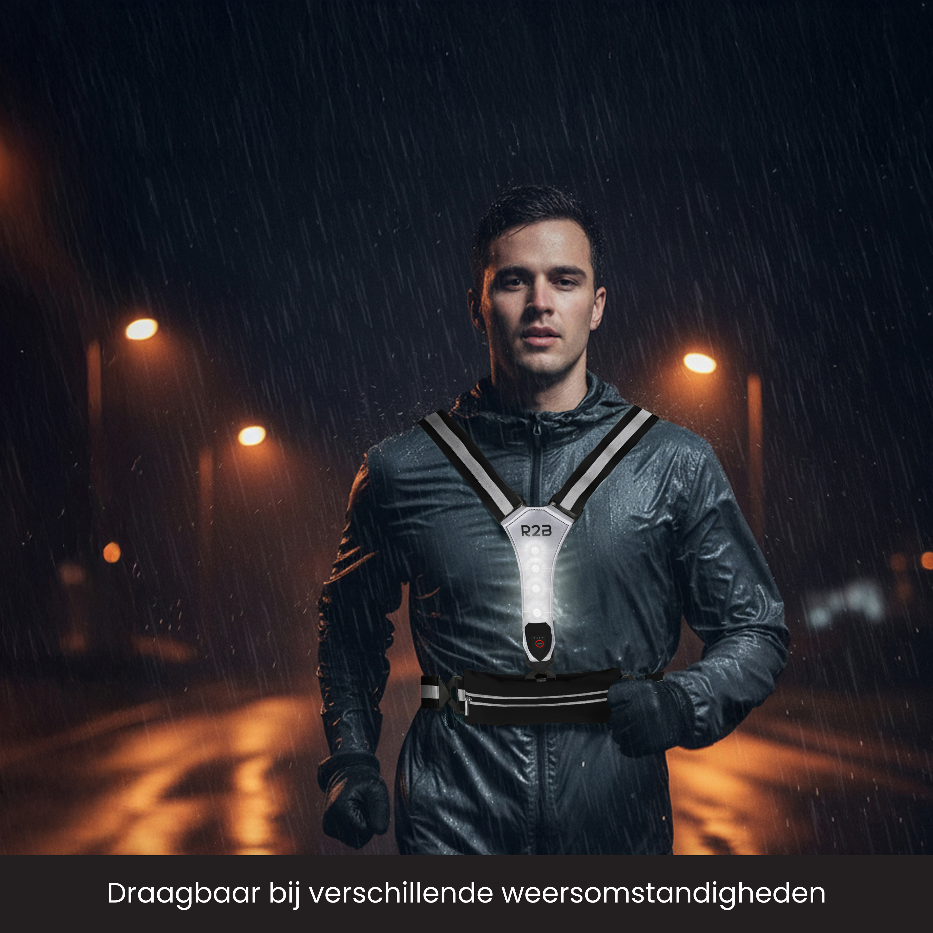 Man running in rain wearing a reflective vest. Dark background with streetlights. Rain is falling.