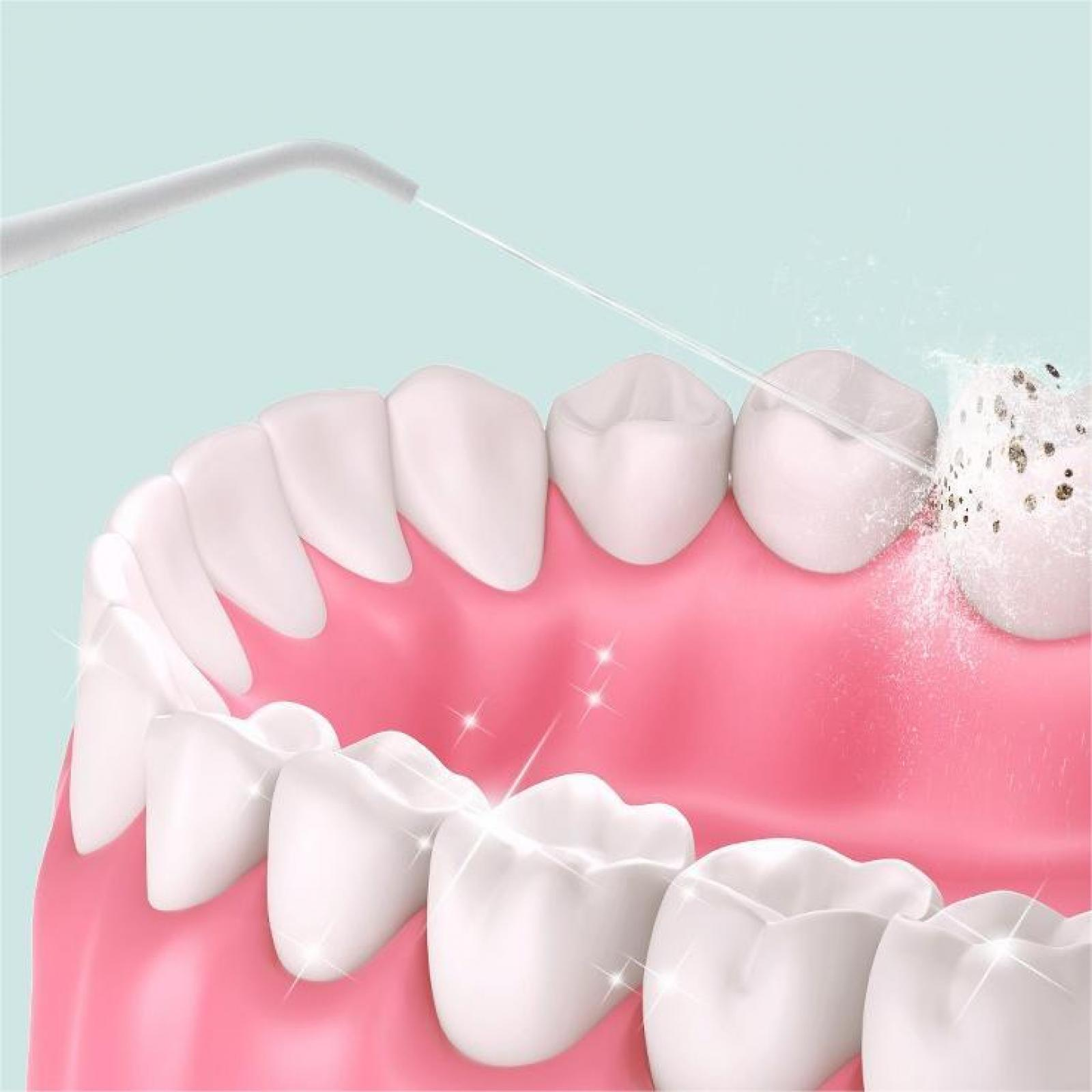 Illustration von Zähnen, die mit Zahnseide gereinigt werden. Weiße Zähne und rosa Zahnfleisch sind sichtbar. Konzept der Zahnhygiene.
