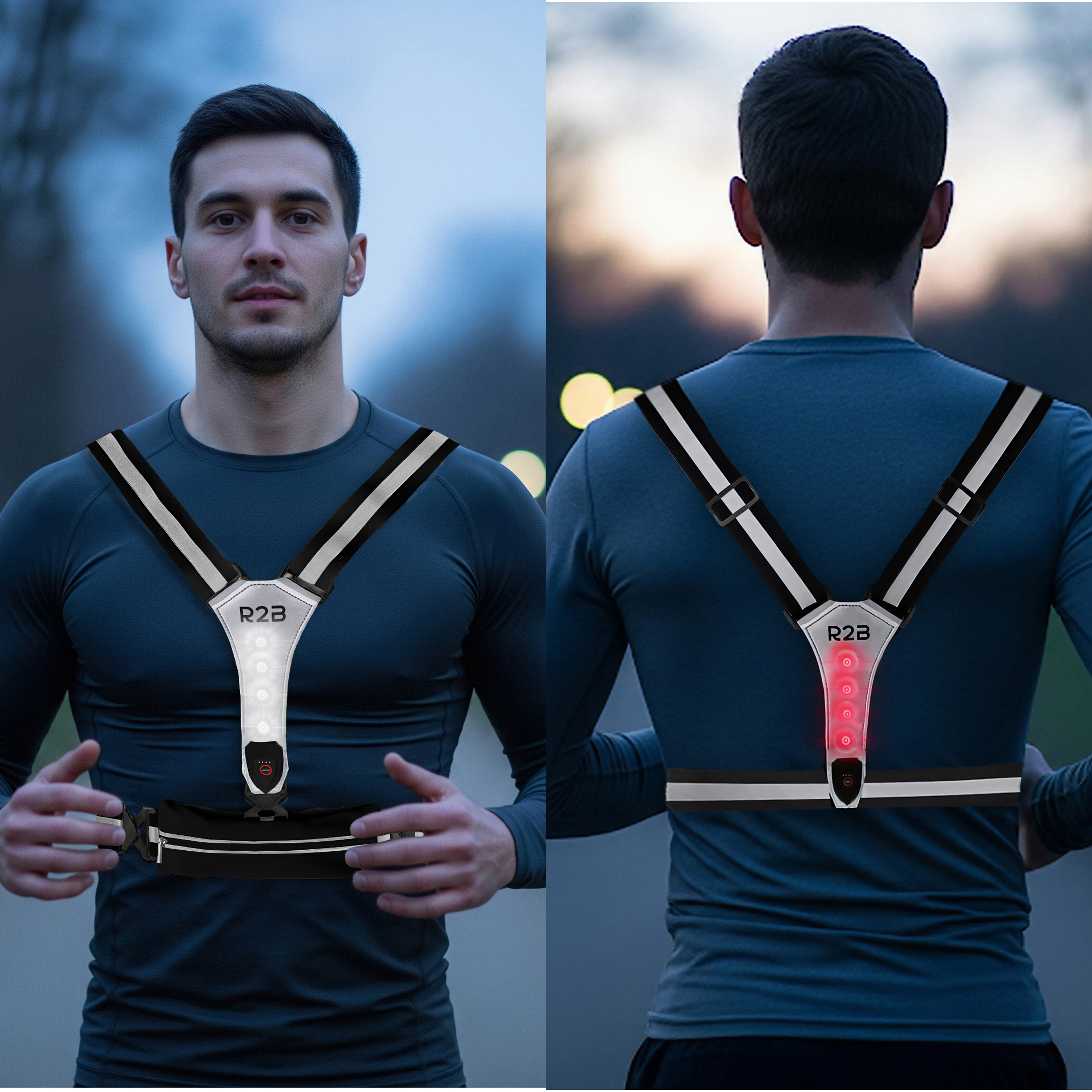 Man wearing a reflective vest. Front view shows vest lit, back view shows red lights.