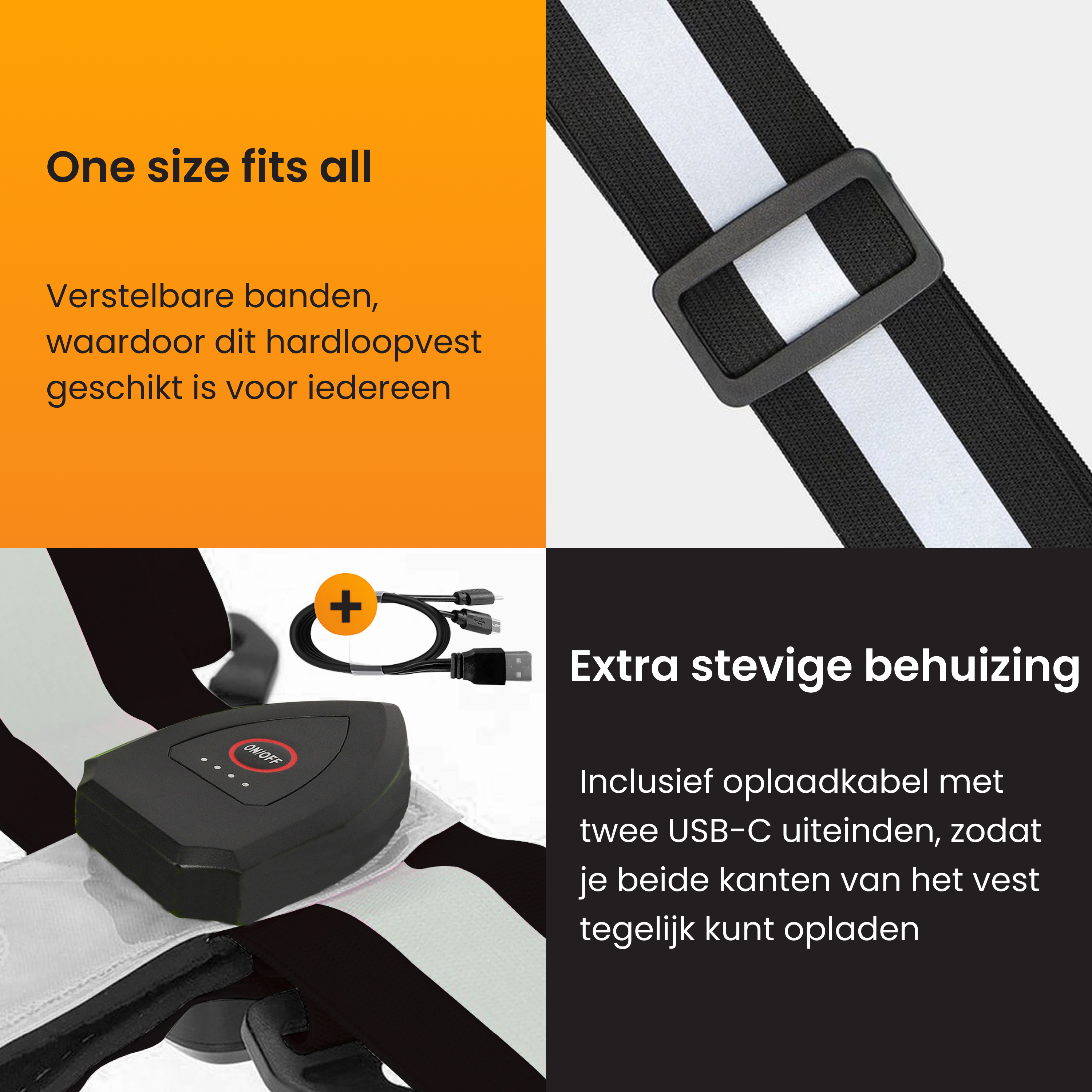 Image shows a black and white running vest with text. It includes a USB-C charging cable and on/off button.