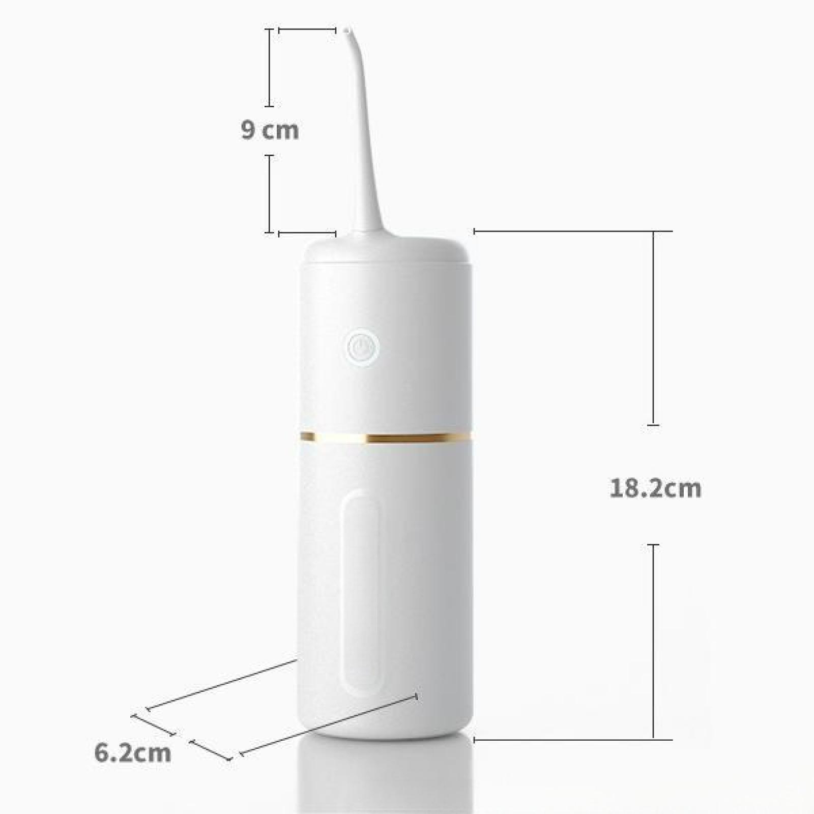 Ein weißer Flosser mit den Maßen: 9 cm, 18,2 cm und 6,2 cm. Er hat ein goldenes Band und einen Ein-/Ausschalter.