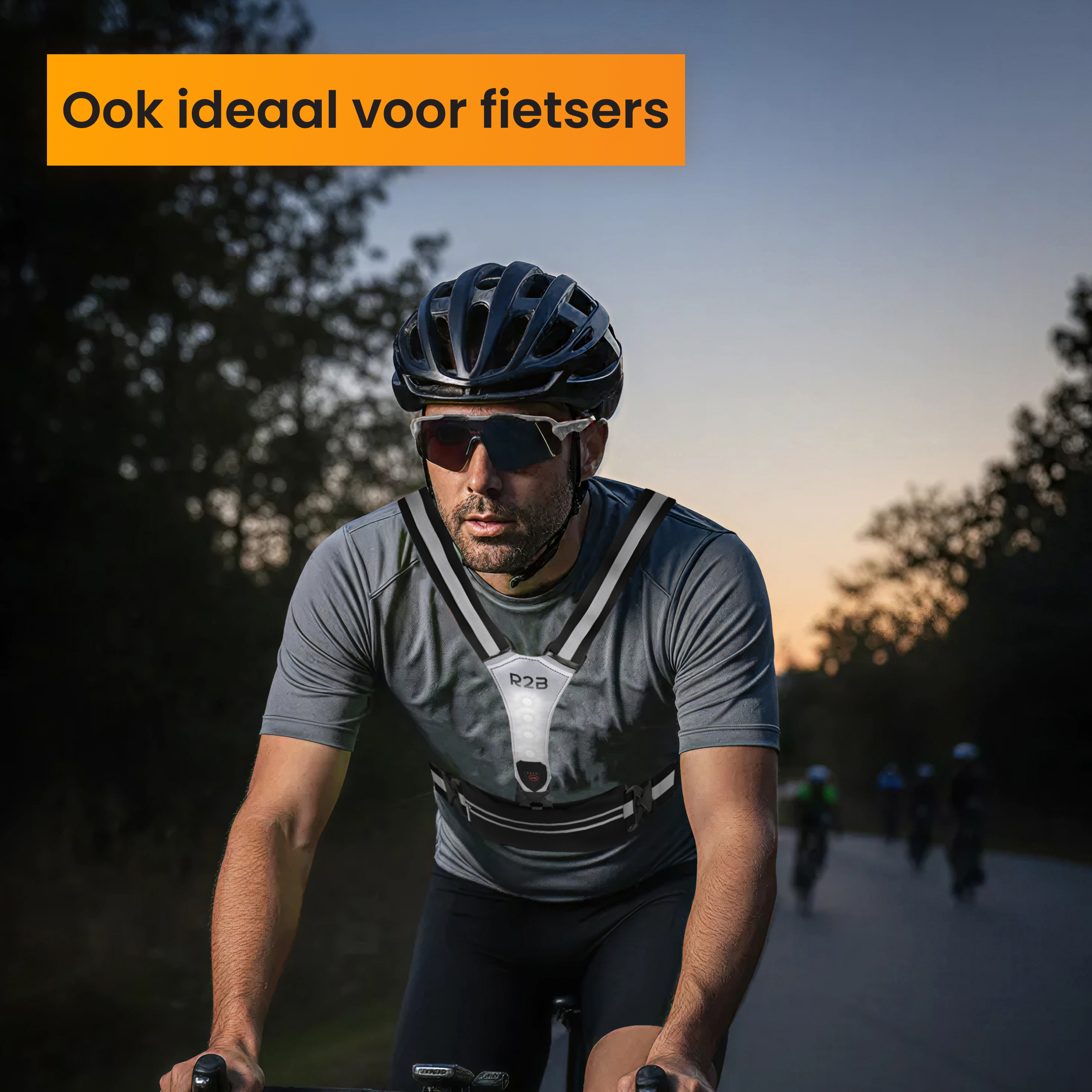 Cyclist with helmet and sunglasses, wearing a reflective vest. Others cycle in the background on road.