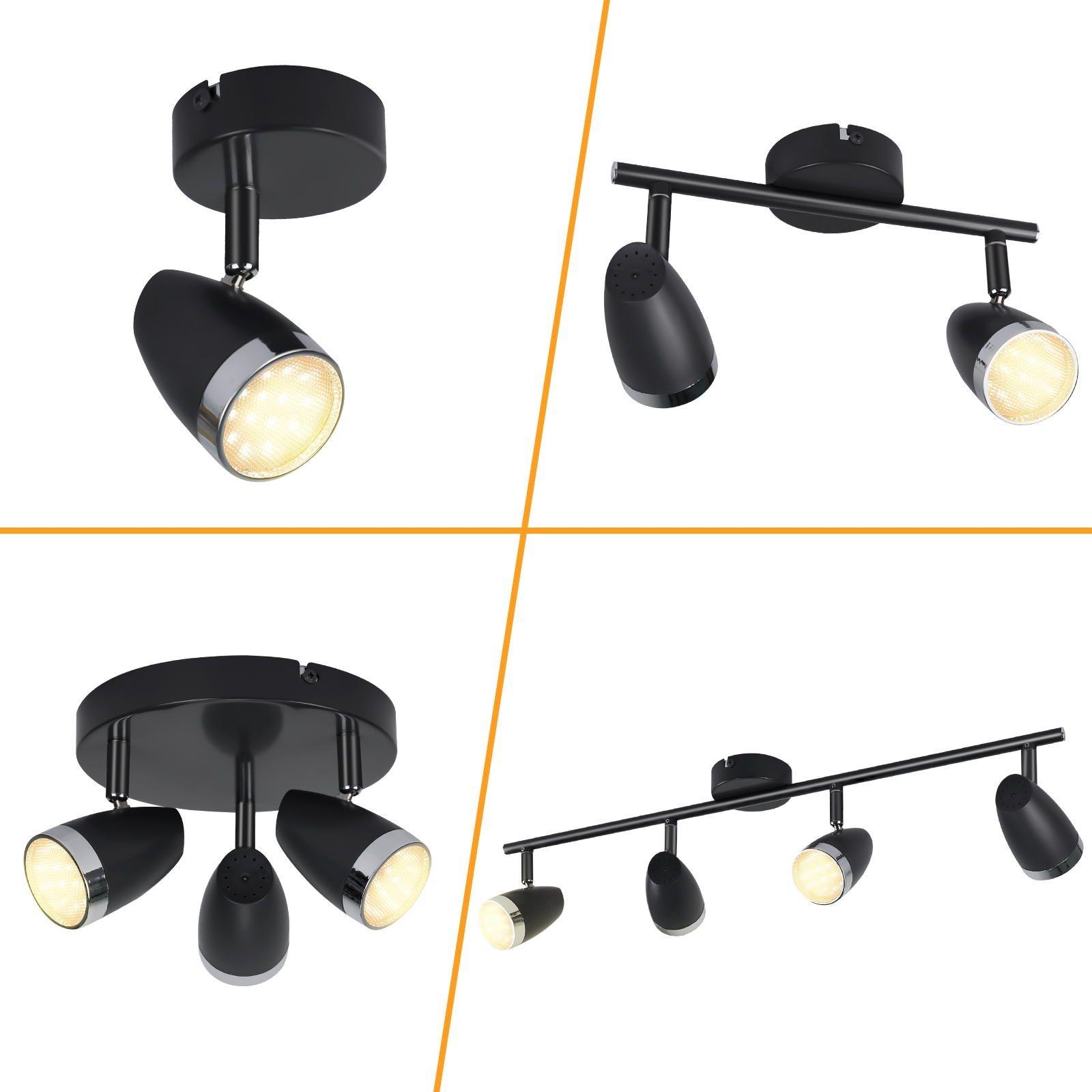 Quattro faretti neri con finiture argentate e luci brillanti, disposti in diverse configurazioni su sfondo bianco.
