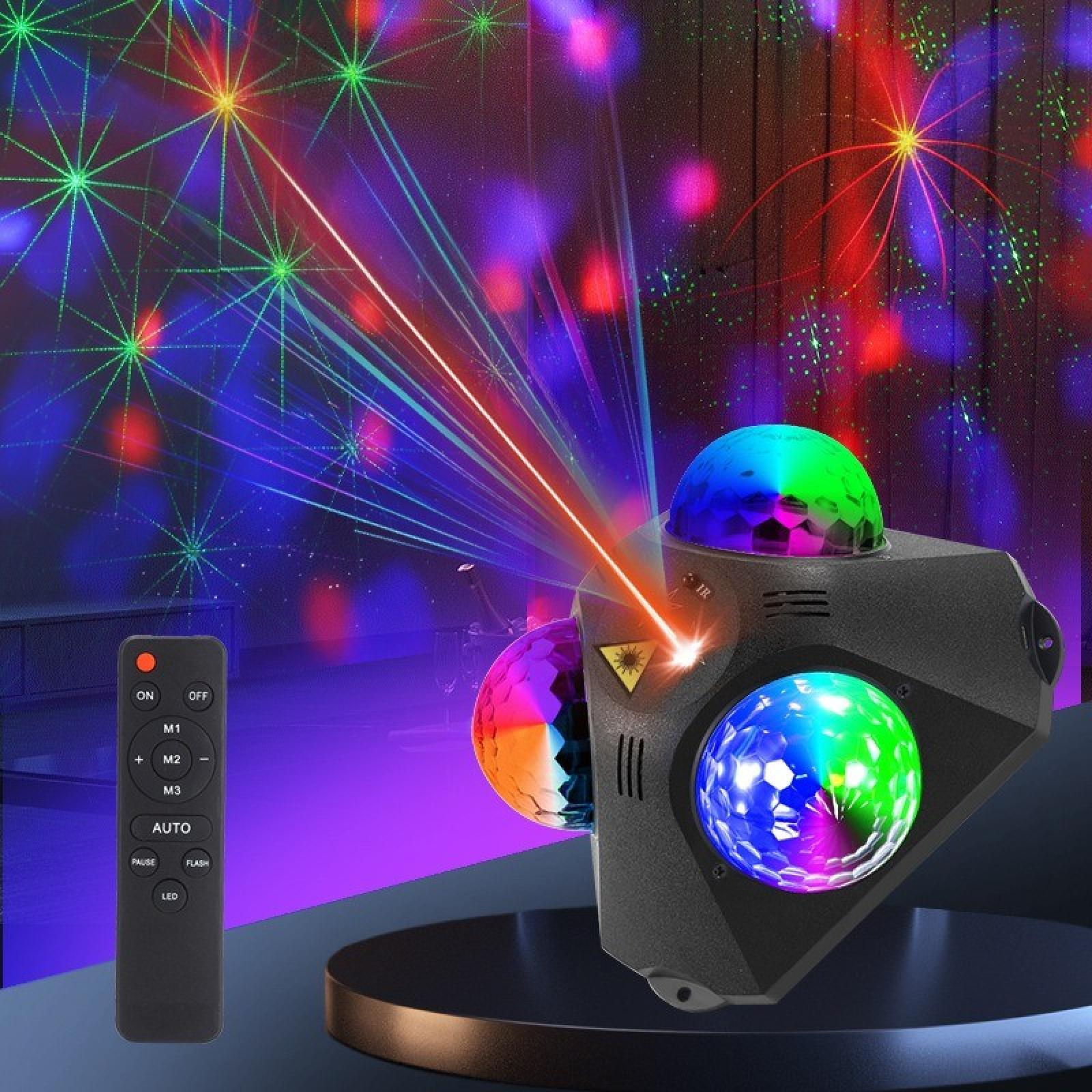 Ein Laserlichtprojektor mit Fernbedienung. Er projiziert farbenfrohe Lichter. Er hat drei Kugeln, die in verschiedenen Farben leuchten.