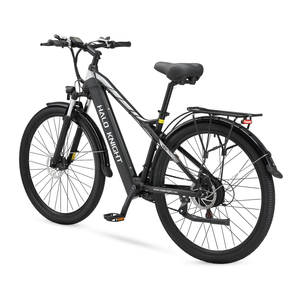 Czarny rower elektryczny marki 'Halo Knight' na białym tle. Ma duże opony, bagażnik i siodełko.