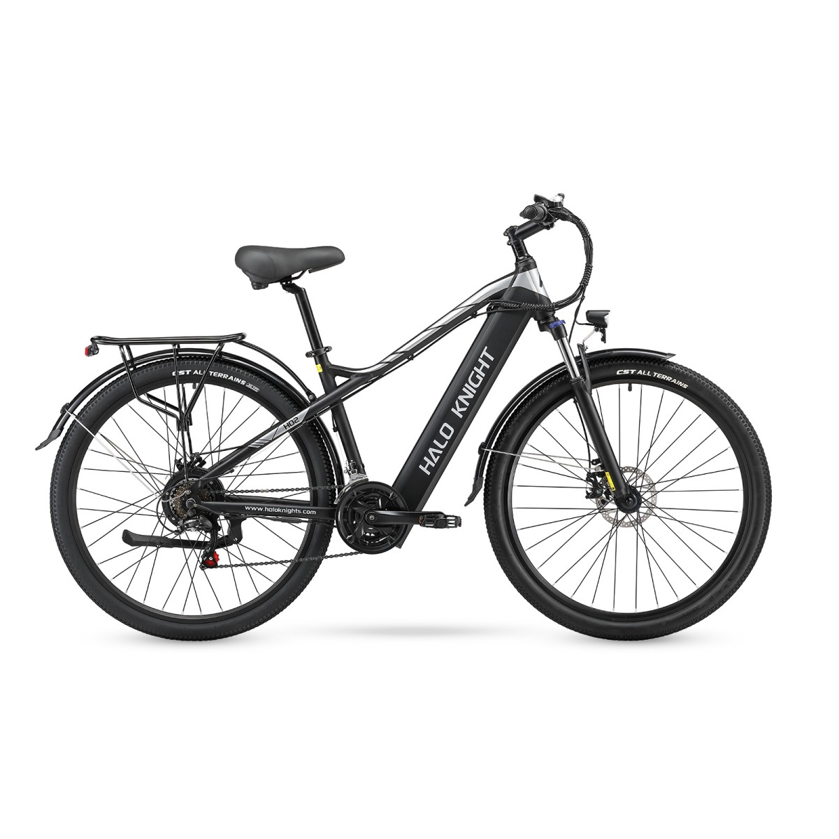Czarny rower elektryczny Halo Knight. Ma czarne opony, czarną ramę i srebrne akcenty. Tło jest białe.