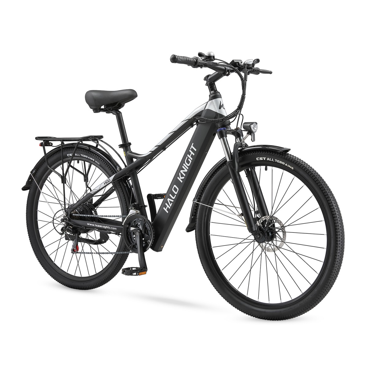 Czarny rower elektryczny, marka Halo Knight, na białym tle. Zawiera siodełko, kierownicę, koła i silnik.