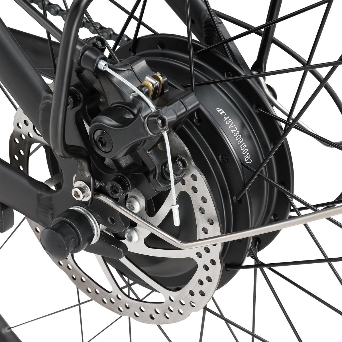 Zbliżenie czarnego koła roweru z hamulcem tarczowym. Widoczne szprychy, zacisk hamulcowy i rotor. Koło jest na białym tle.