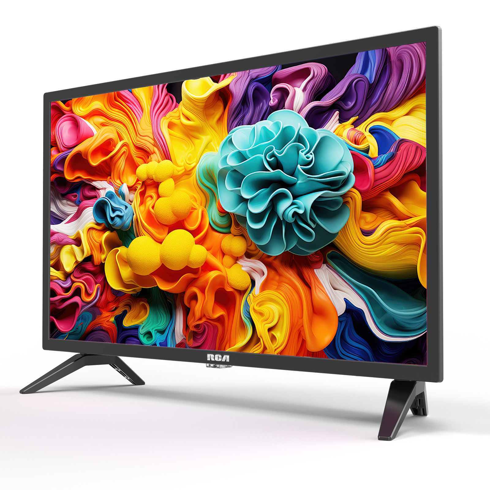 RCA-Fernseher zeigt bunte abstrakte Kunst. Schwarzer Rahmen, Standfuß auf weißer Oberfläche.