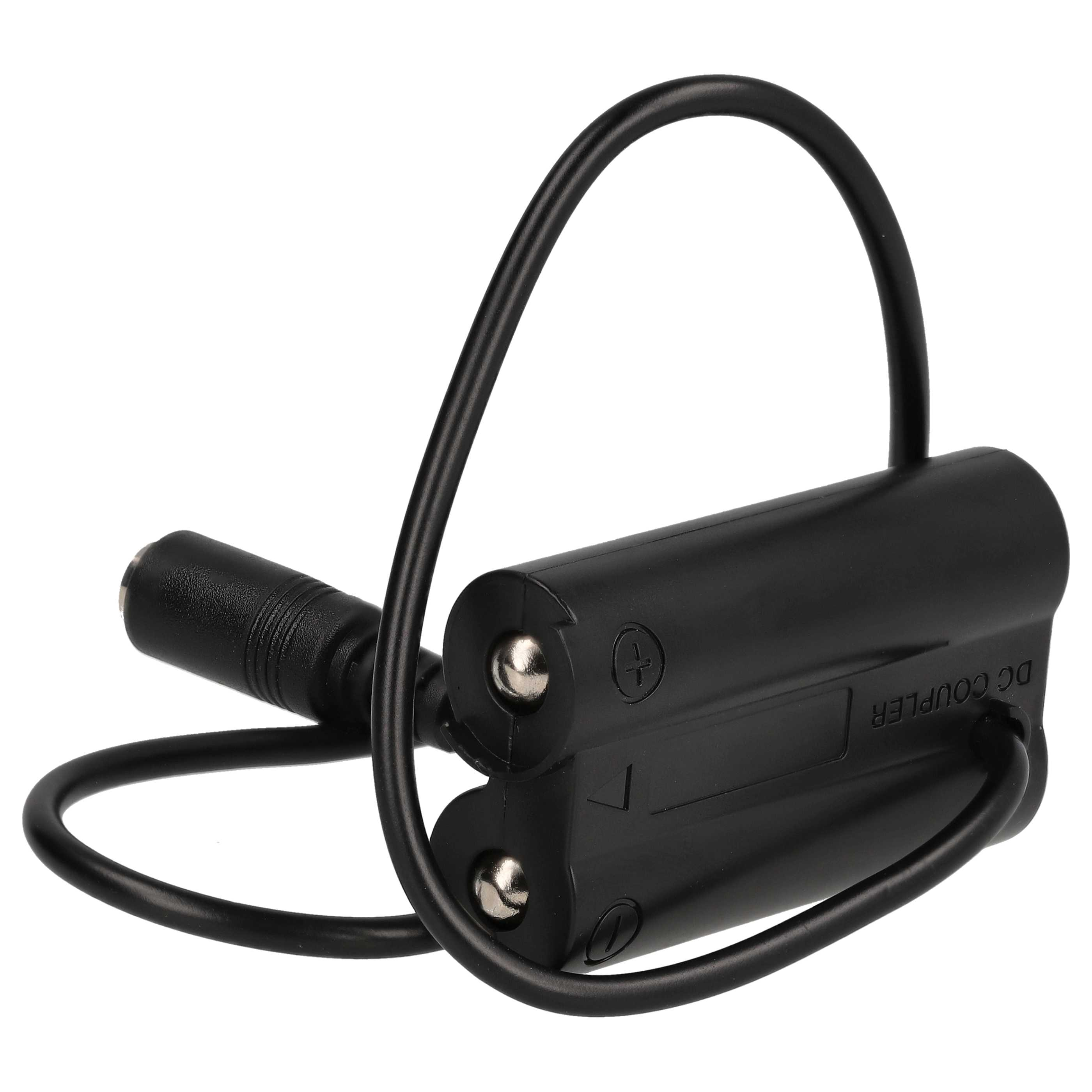 Ein schwarzer DC-Koppler mit Kabel. Er hat zwei Metallkontaktpunkte und einen Stecker.
