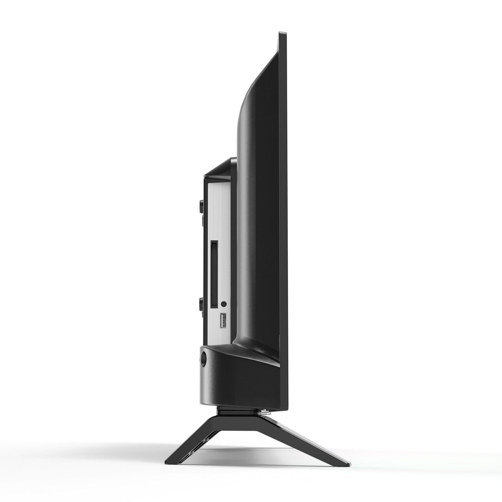 Seitenansicht eines schwarzen Fernsehers auf weißem Grund. Der Fernseher hat einen Ständer und Anschlüsse.