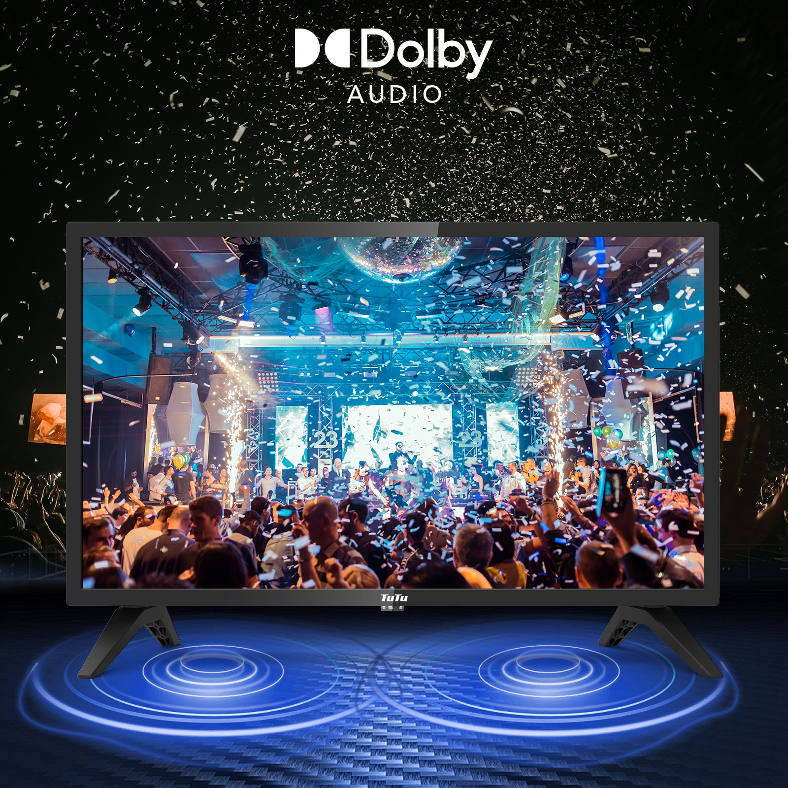 Fernseher mit Konzertszene. Dolby Audio Logo oben. Konfetti fällt. Blaue Schallwellen unten. Der Fernseher steht auf einem Ständer.