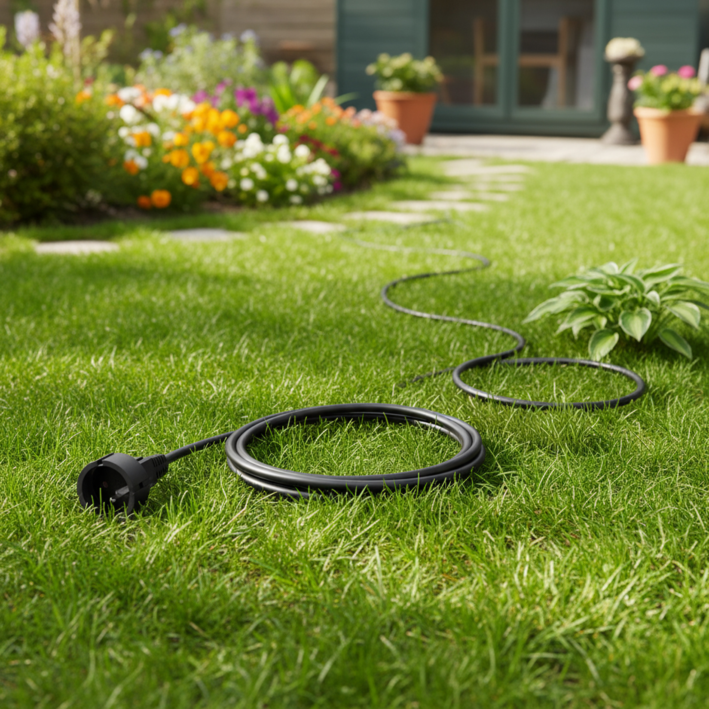 Czarny przedłużacz leży na zielonej trawie w ogrodzie. Kwiaty i szopa w tle.