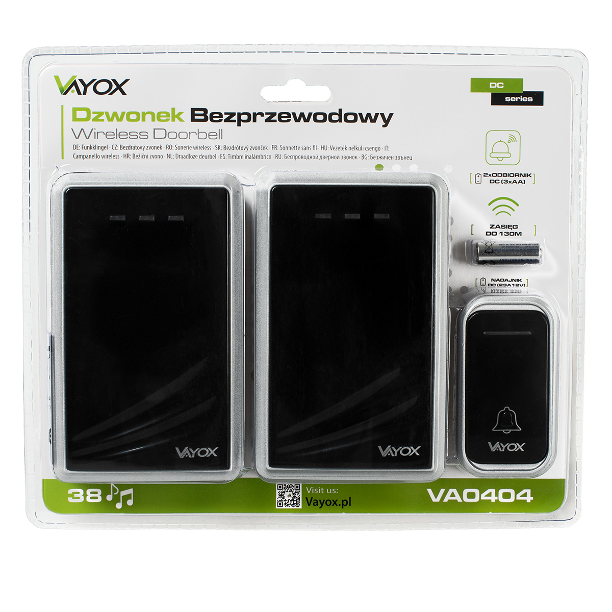 Zestaw dzwonka bezprzewodowego Vayox. Zawiera dwa czarne odbiorniki, nadajnik i baterię w przezroczystym plastikowym opakowaniu.