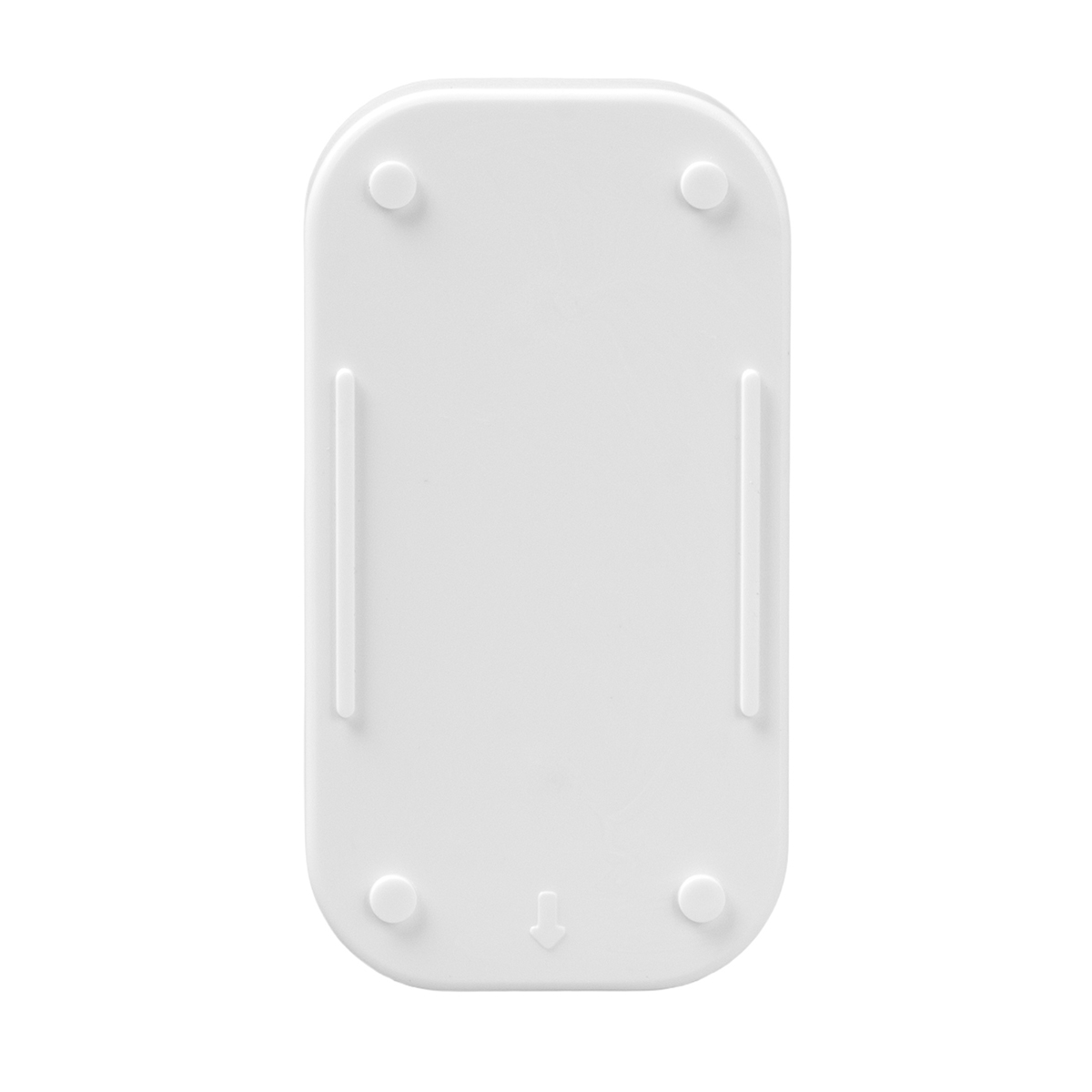 Biały, prostokątny obiekt z zaokrąglonymi rogami. Ma małe, okrągłe nóżki i pionowe rowki. Strzałka wskazuje w dół.