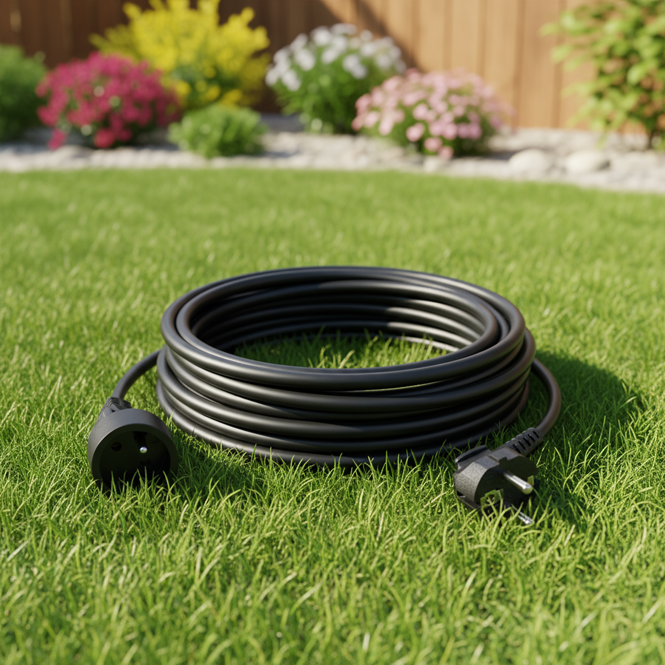 Zwinięty czarny kabel elektryczny z wtyczkami leży na zielonej trawie, z kwiatami i drewnianym płotem w tle.