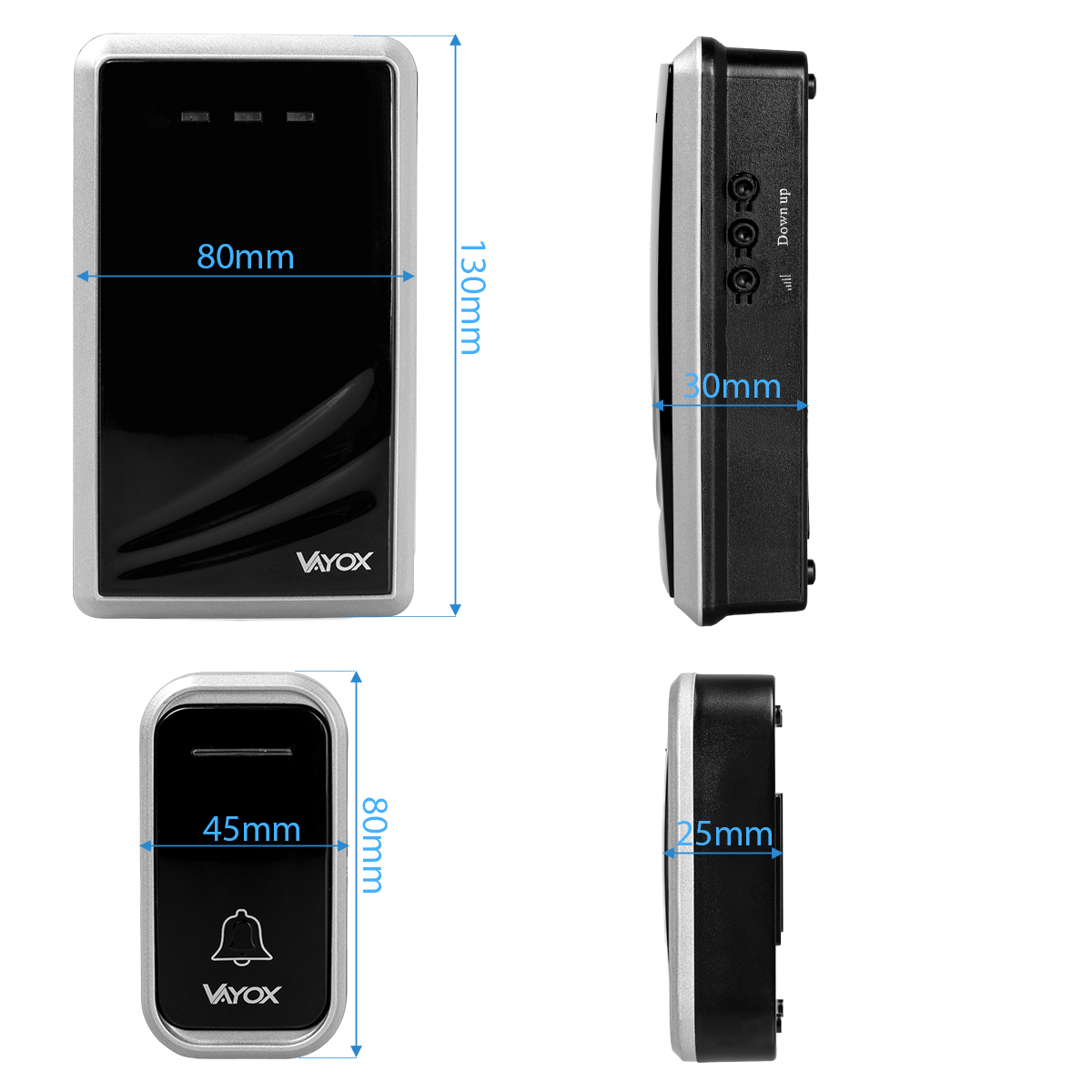 Obraz przedstawia czarno-srebrny system dzwonka do drzwi z wymiarami. Zawiera markę Vayox i ikonę dzwonka. Widok z boku również pokazany.