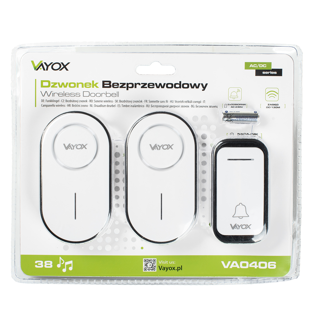 Biały bezprzewodowy zestaw dzwonka w opakowaniu. Zawiera dwa odbiorniki, nadajnik i schowek na baterie.