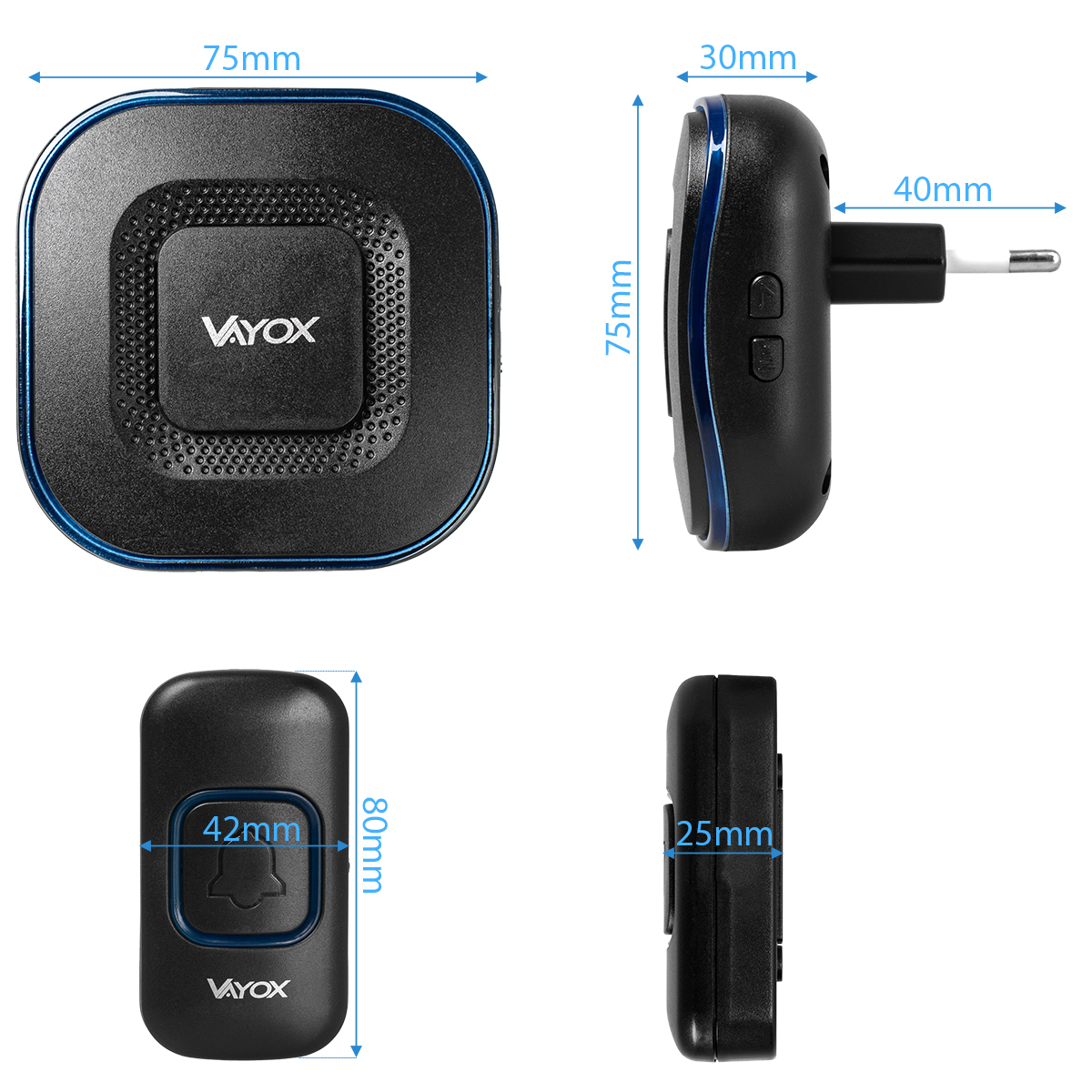 Cztery widoki czarnego zestawu dzwonka Vayox. Zawiera odbiornik, nadajnik wtykowy i przycisk z wymiarami.