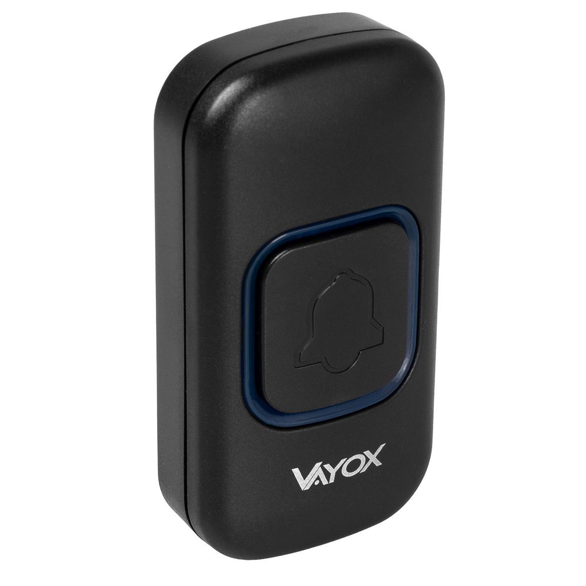 Czarny dzwonek do drzwi z ikoną dzwonka na przycisku. Przycisk otoczony jest niebieską ramką i marką 'Vayox'.