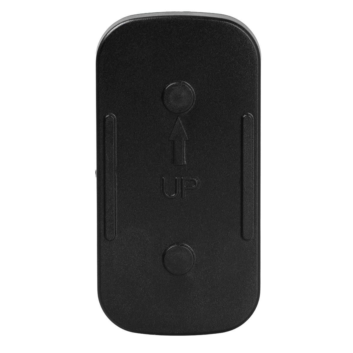 Czarny, prostokątny kawałek plastiku. Ma strzałkę skierowaną w górę, napis 'UP' i dwa okrągłe wcięcia.